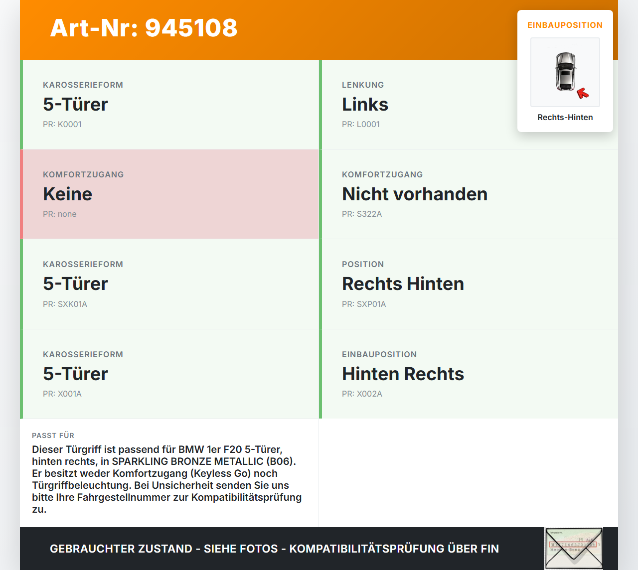 BMW 1er 114i F20 11-15 5T Türgriff Griff aussen Rechts Hinten B06 BMW 1er 114i F20 11-15 23.09.2014 7207562... Vorschau 3