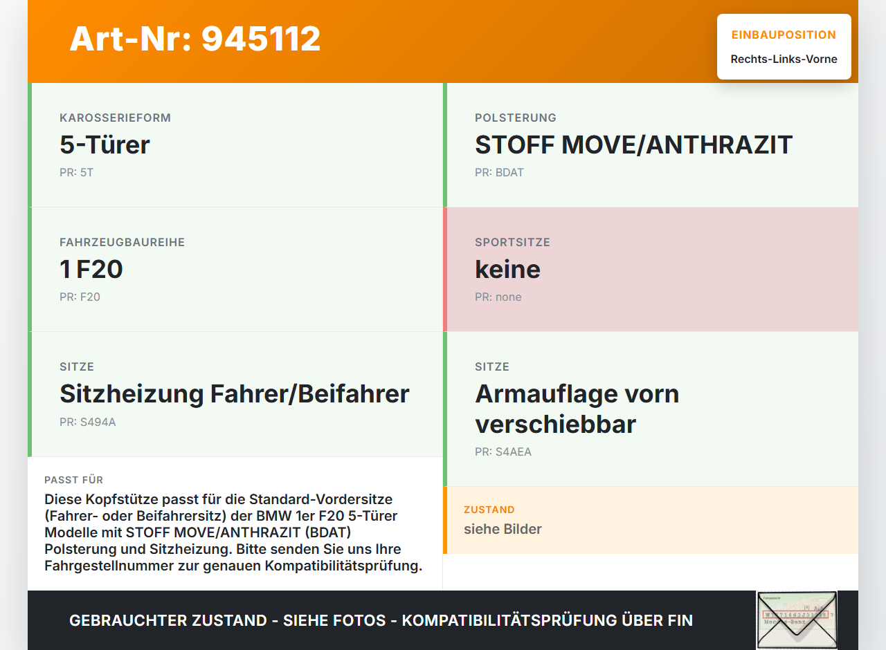 BMW 1er 114i F20 11-15 5T Kopfstütze für Beifahrer Sitz Rechts oder Links Vorne Anthrazit Grau BMW 1er 114i F20... Vorschau 3