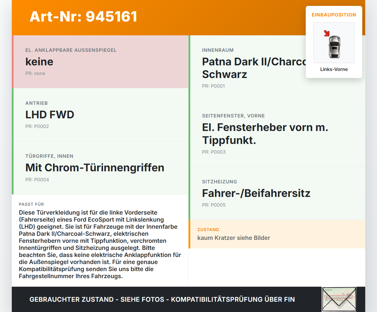 Ford EcoSport 12-22 Türverkleidung Türpappe Links Vorne Ford EcoSport 12-22 19.11.2015 DN1B-A23943-AE35B8 gebraucht Vorschau 3