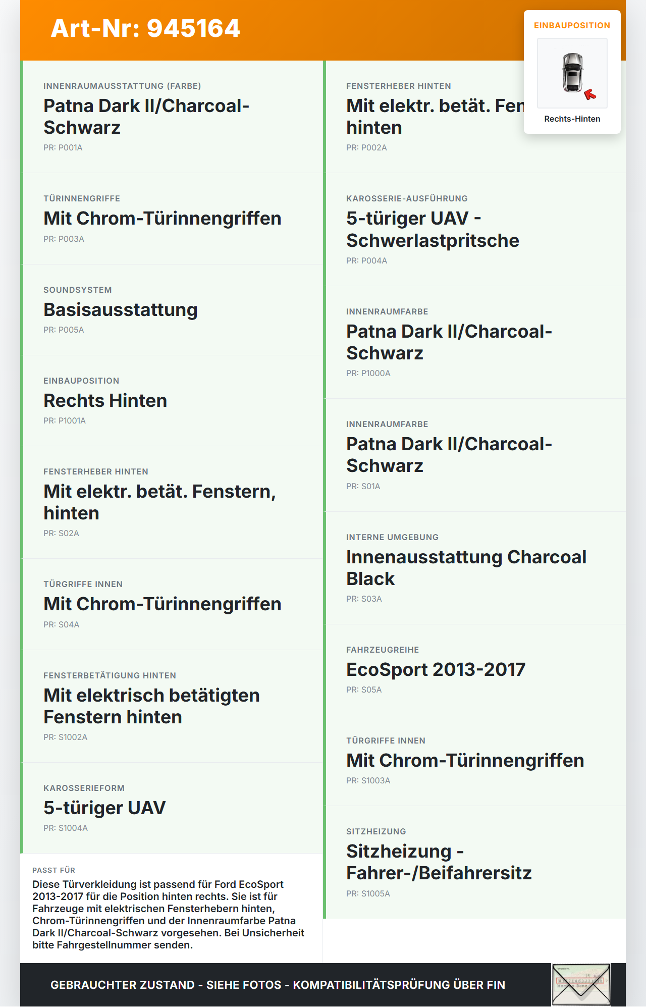 Ford EcoSport 12-22 Türverkleidung Türpappe Rechts Hinten Ford EcoSport 12-22 19.11.2015 DN1B-A27406-AD35B8 2036650... Vorschau 3