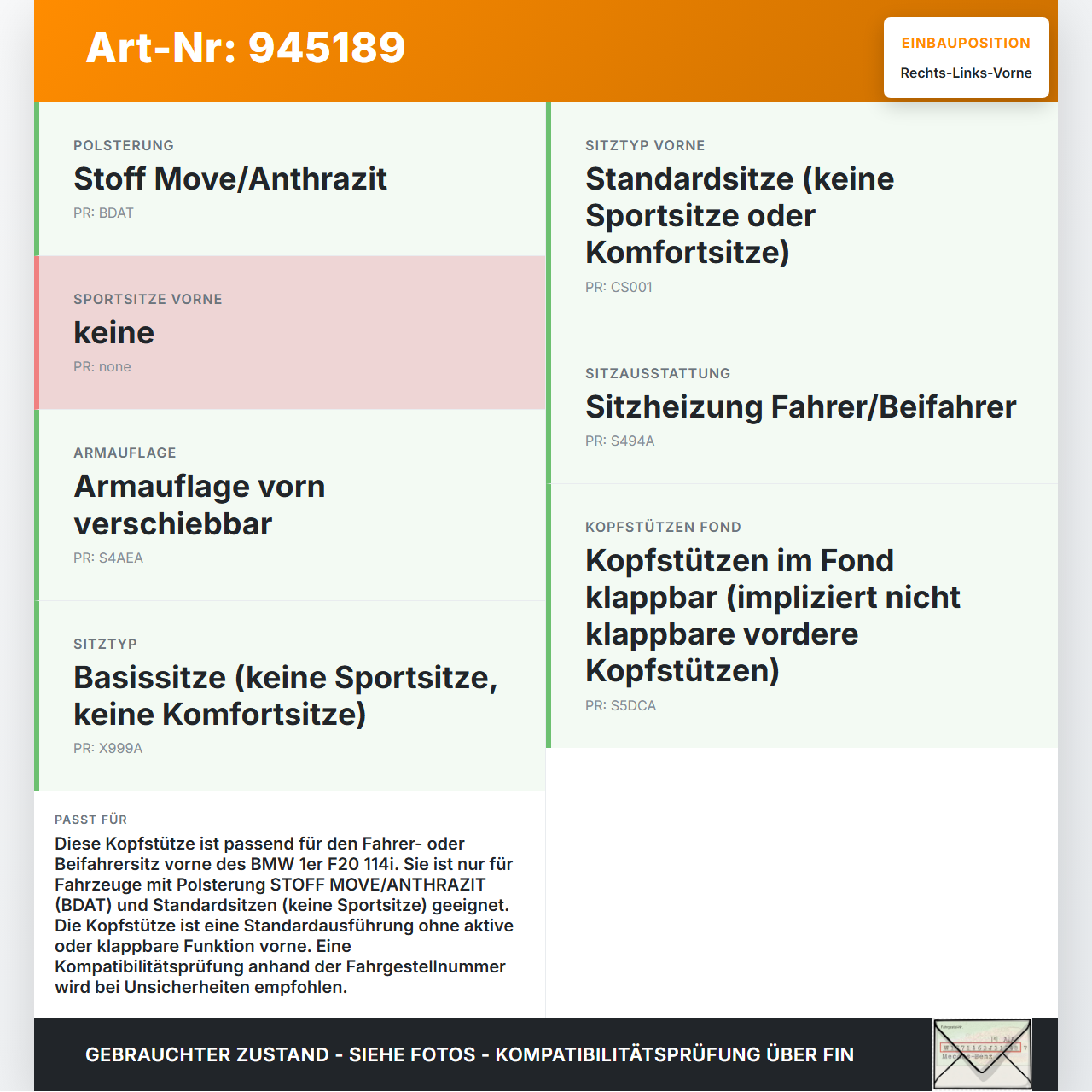 BMW 1er 114i F20 11-15 Kopfstütze für Fahrer Sitz Rechts oder Links Vorne BMW 1er 114i F20 11-15 23.09.2014 7293598... Vorschau 3