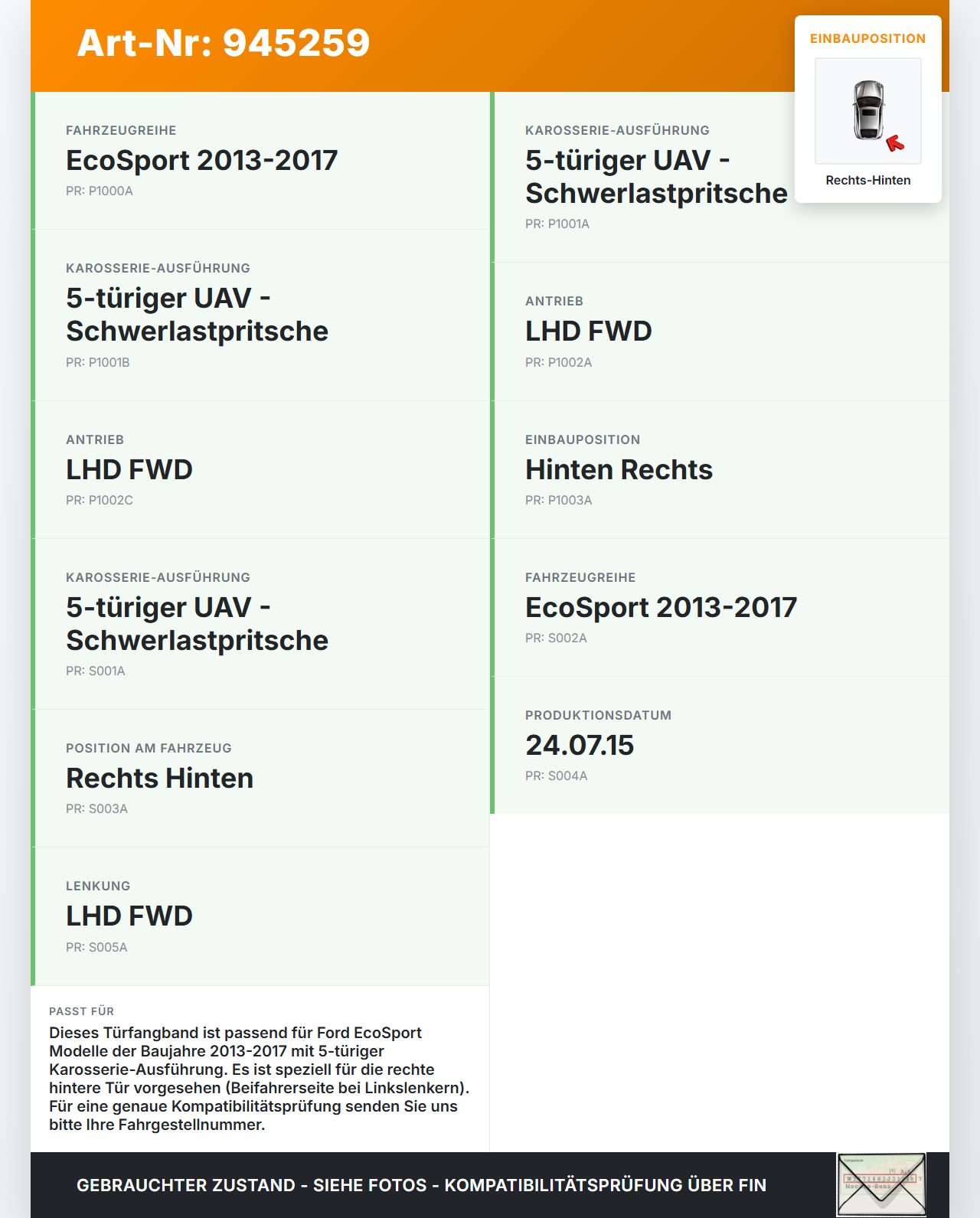 Ford EcoSport 12-22 Türfangband Rechts Hinten Ford EcoSport 12-22 19.11.2015 CM51-A27206-AC gebraucht Vorschau 3