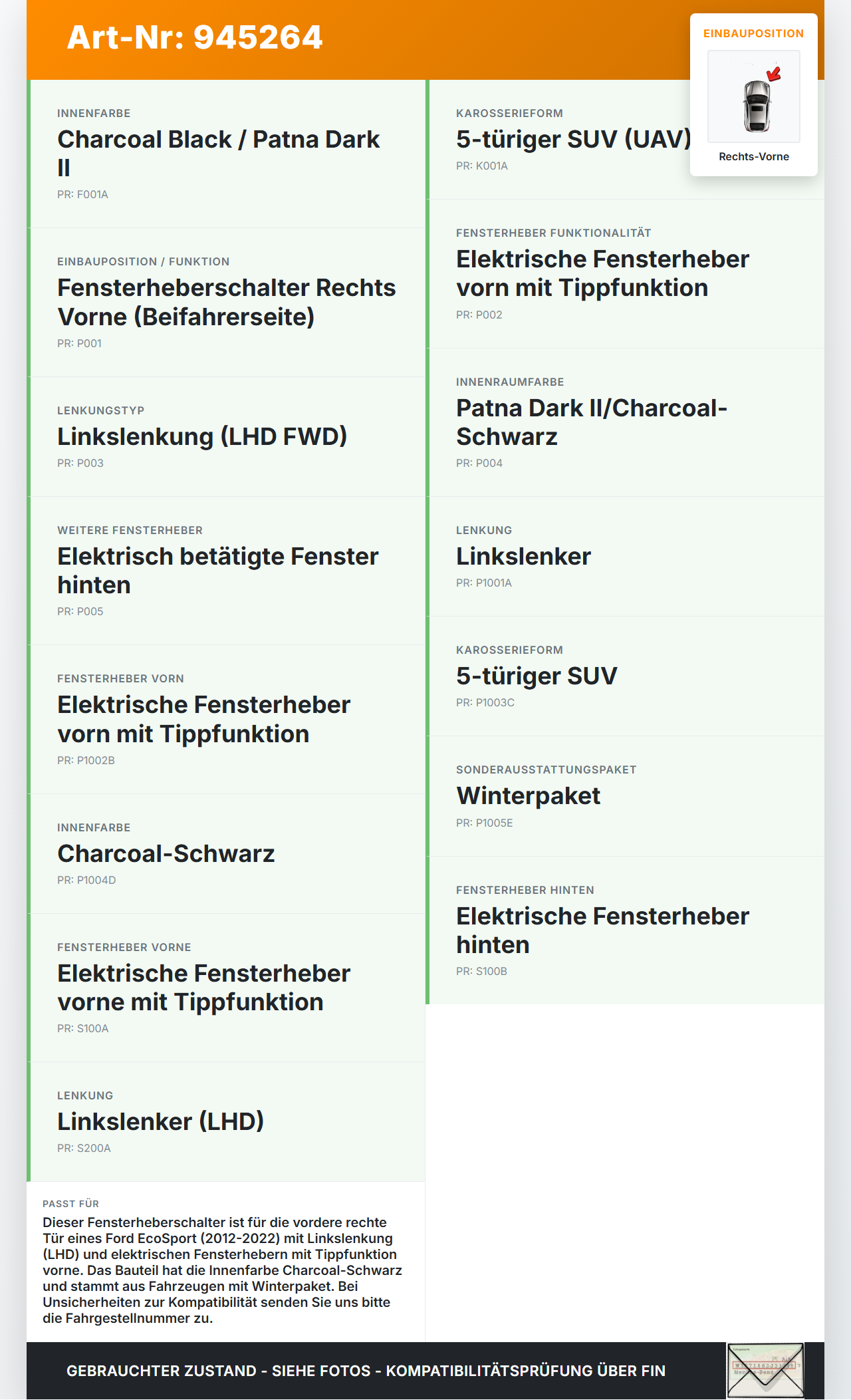 Ford EcoSport 12-22 Fensterheberschalter Schalter Rechts Vorne Ford EcoSport 12-22 19.11.2015 EN15-14529-BB gebraucht Vorschau 3