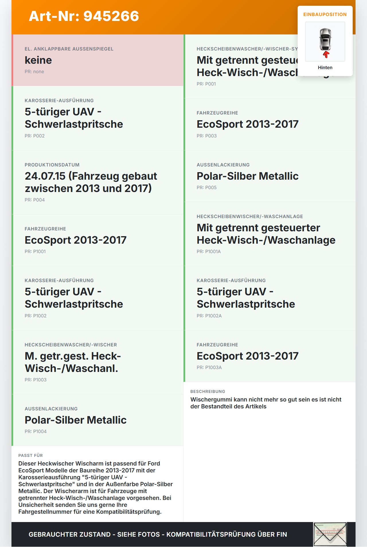Ford EcoSport 12-22 Heckwischer Scheibenwischer Hinten Wischarm Ford EcoSport 12-22 19.11.2015 gebraucht Vorschau 3