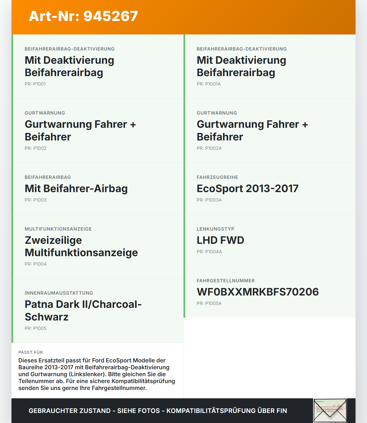 Ford EcoSport 12-22 1,0 92KW Anschnallanzeige Arbag Off Ford EcoSport 12-22 19.11.2015 XXXX-14B418-XX gebraucht Vorschau 3