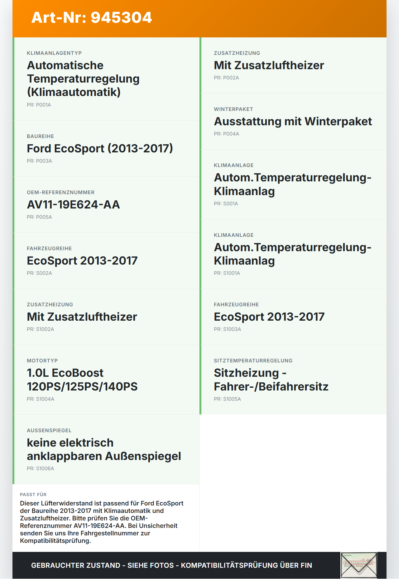 Ford EcoSport 12-22 Widerstand Gebläse Lüfter Ford EcoSport 12-22 19.11.2015 AV11-19E624-AA gebraucht Vorschau 3