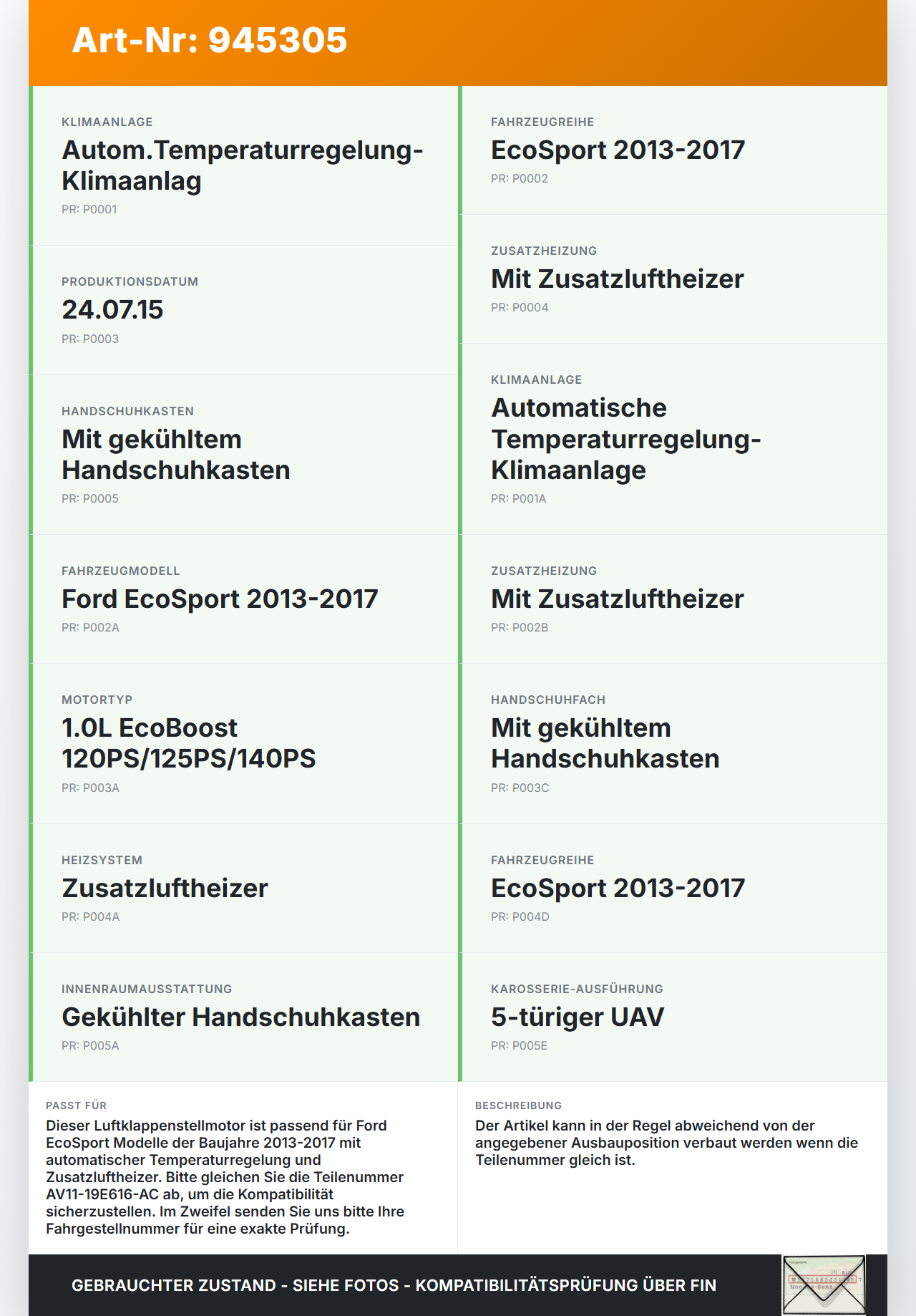 Ford EcoSport 12-22 Luftklappenstellmotor Stellmotor Pos.1 Ford EcoSport 12-22 19.11.2015 AV11-19E616-AC gebraucht Vorschau 3