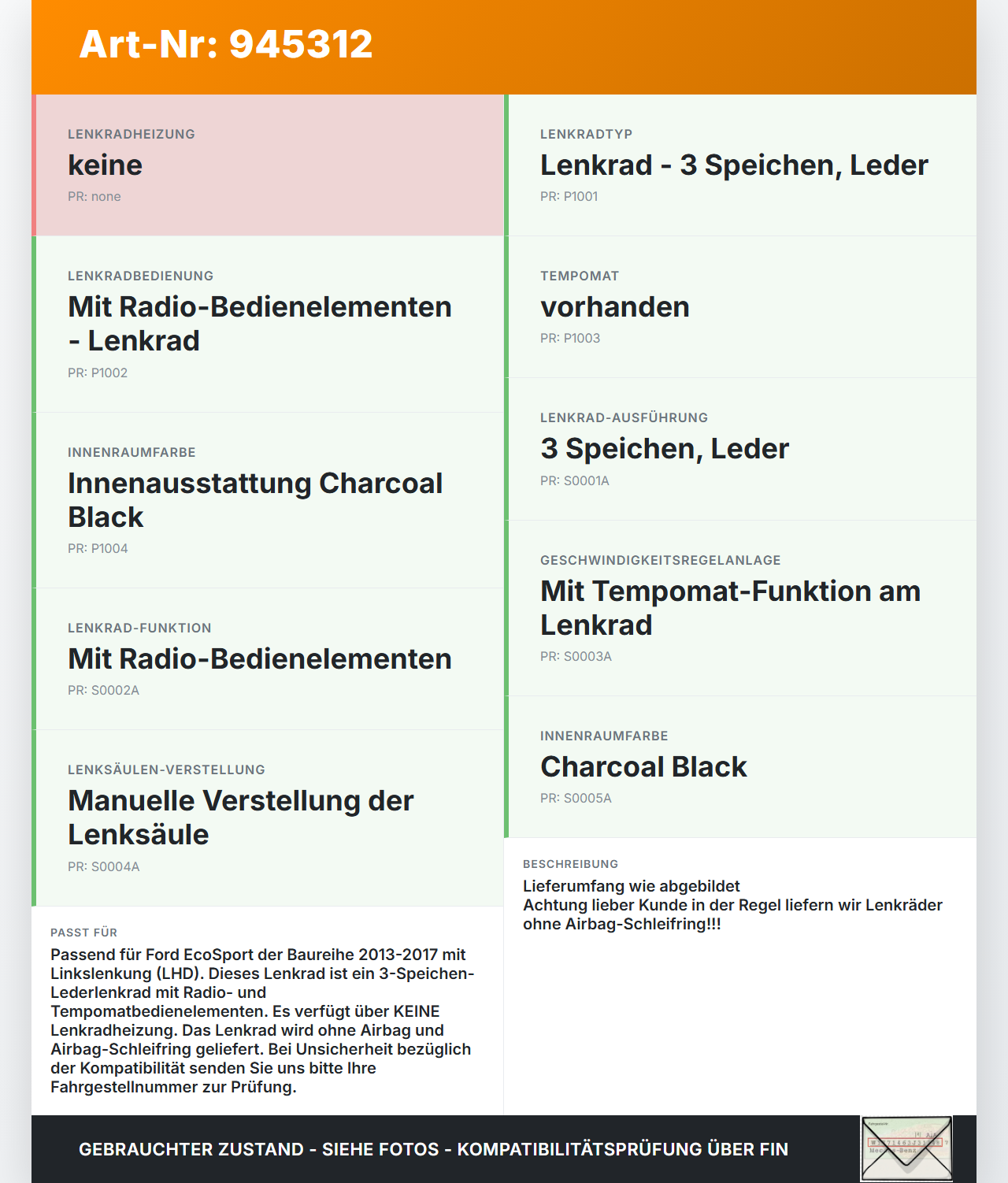 Ford EcoSport 12-22 Lenkrad ohne Airbag Ford EcoSport 12-22 19.11.2015 CN11-3600-BB3ZHE gebraucht Vorschau 3
