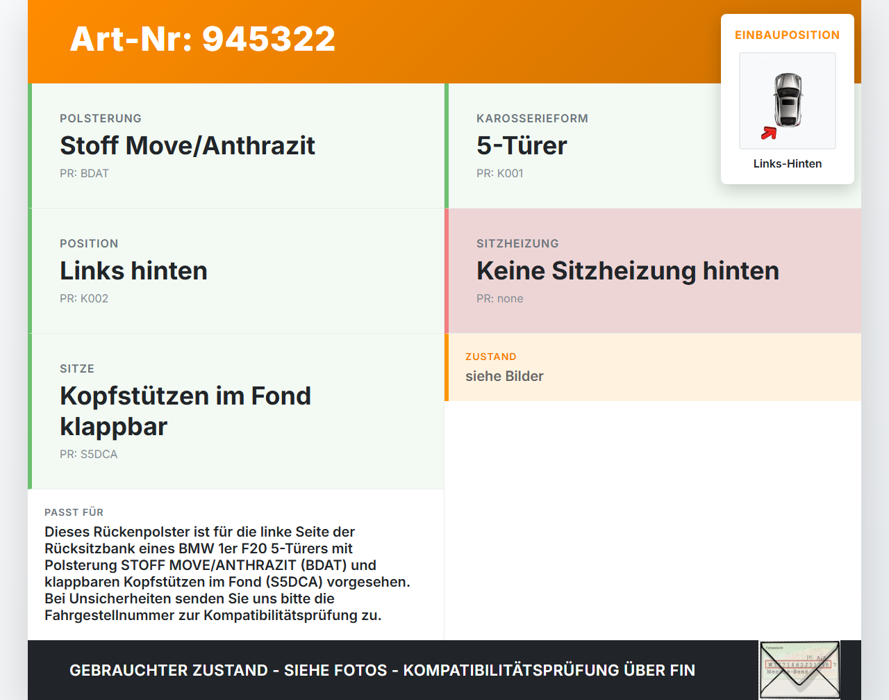 BMW 1er 114i F20 11-15 5T Rückenpolster Links für Rücksitzbank Hinten BMW 1er 114i F20 11-15 23.09.2014... Vorschau 3