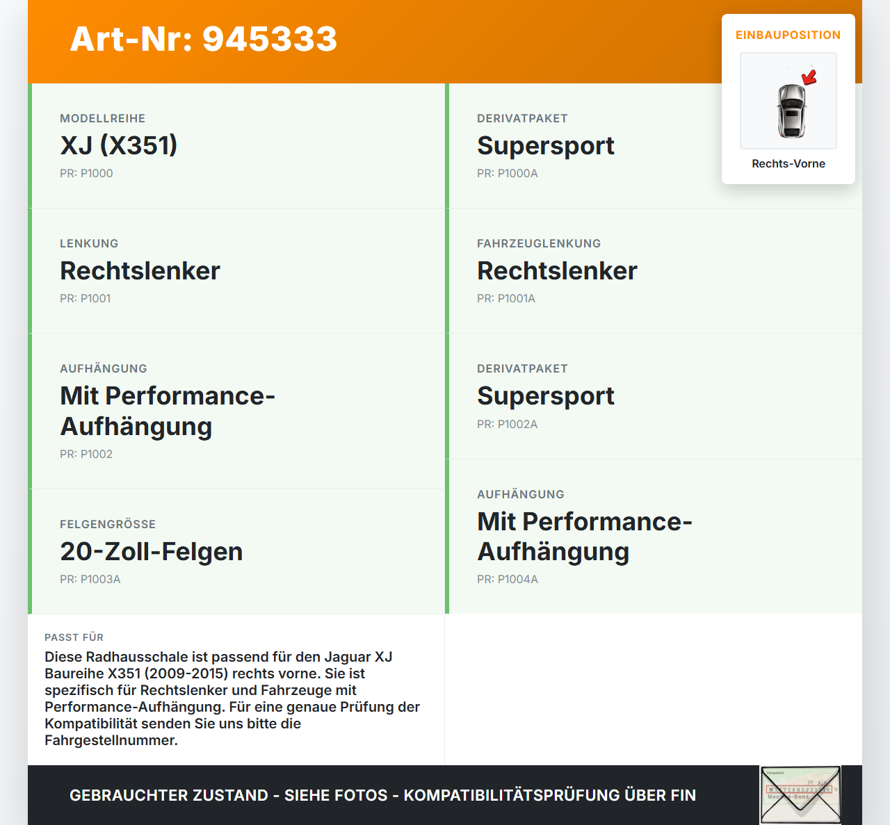 Jaguar XJ X351 09-15 Verkleidung Radhausschale Rechts Vorne für Kotflügel Jaguar XJ X351 09-15 26.08.2009... Vorschau 3