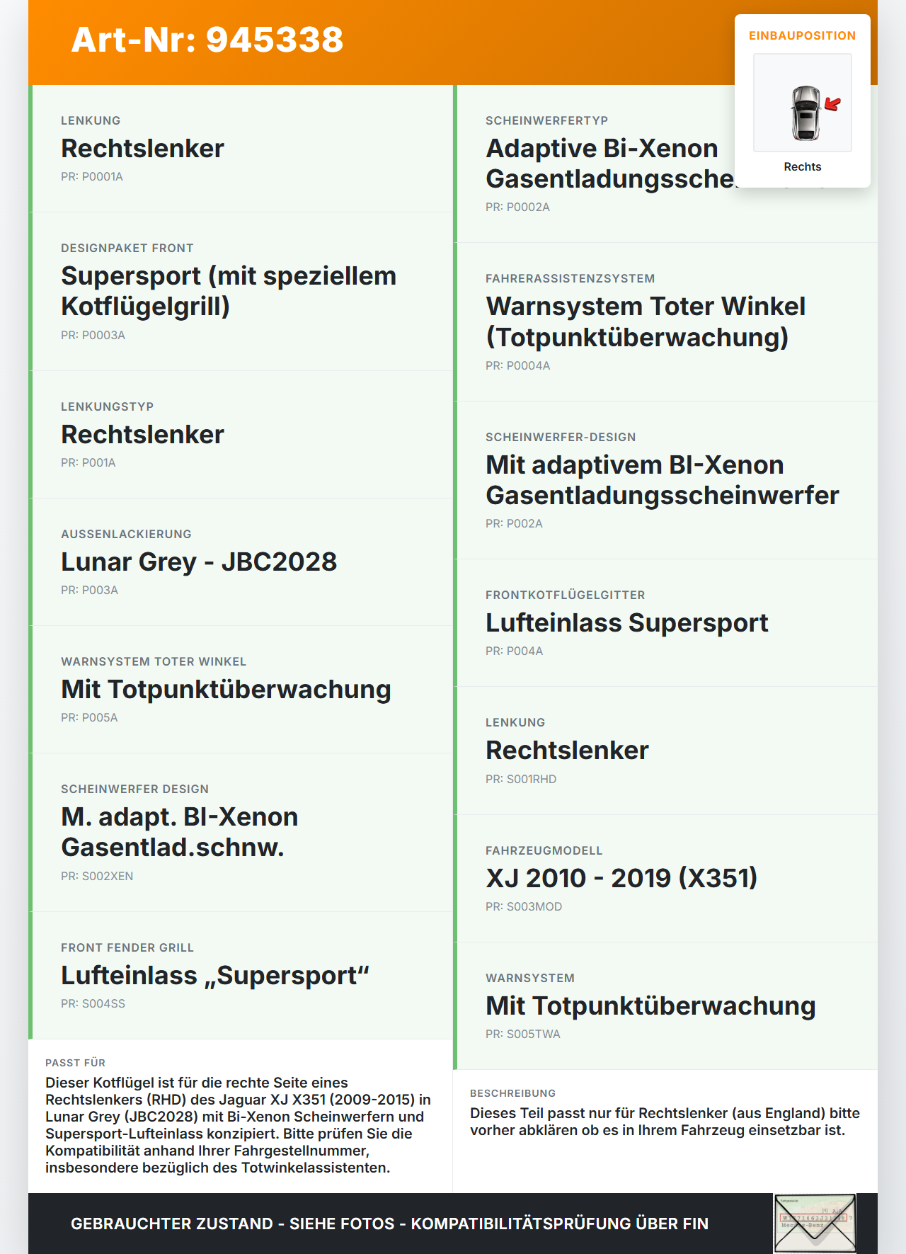 Jaguar XJ X351 09-15 RHD Xenon Kotflügel Rechts orig. Jaguar XJ X351 09-15 26.08.2009 C2D5669 gebraucht Vorschau 3