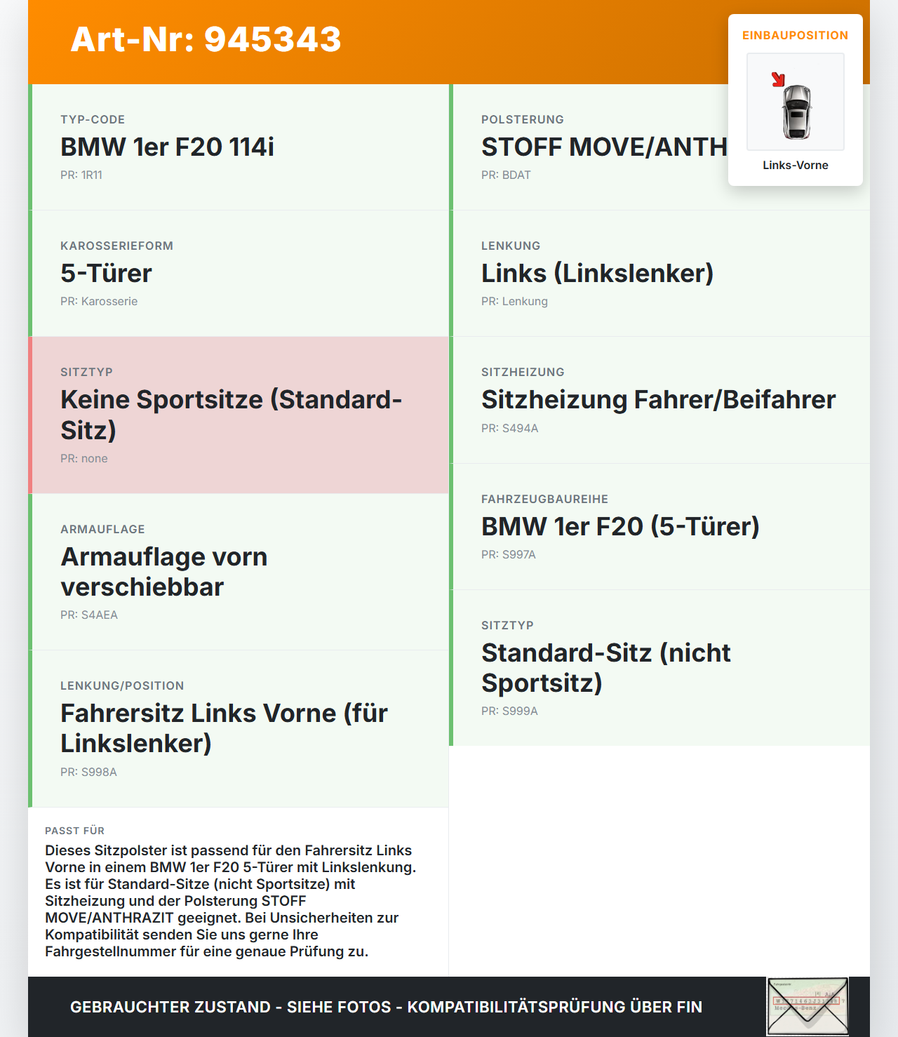 BMW 1er 114i F20 11-15 5T Sitzpolster für Fahrersitz Sitz Links Vorne beheizt BMW 1er 114i F20 11-15 23.09.2014... Vorschau 3