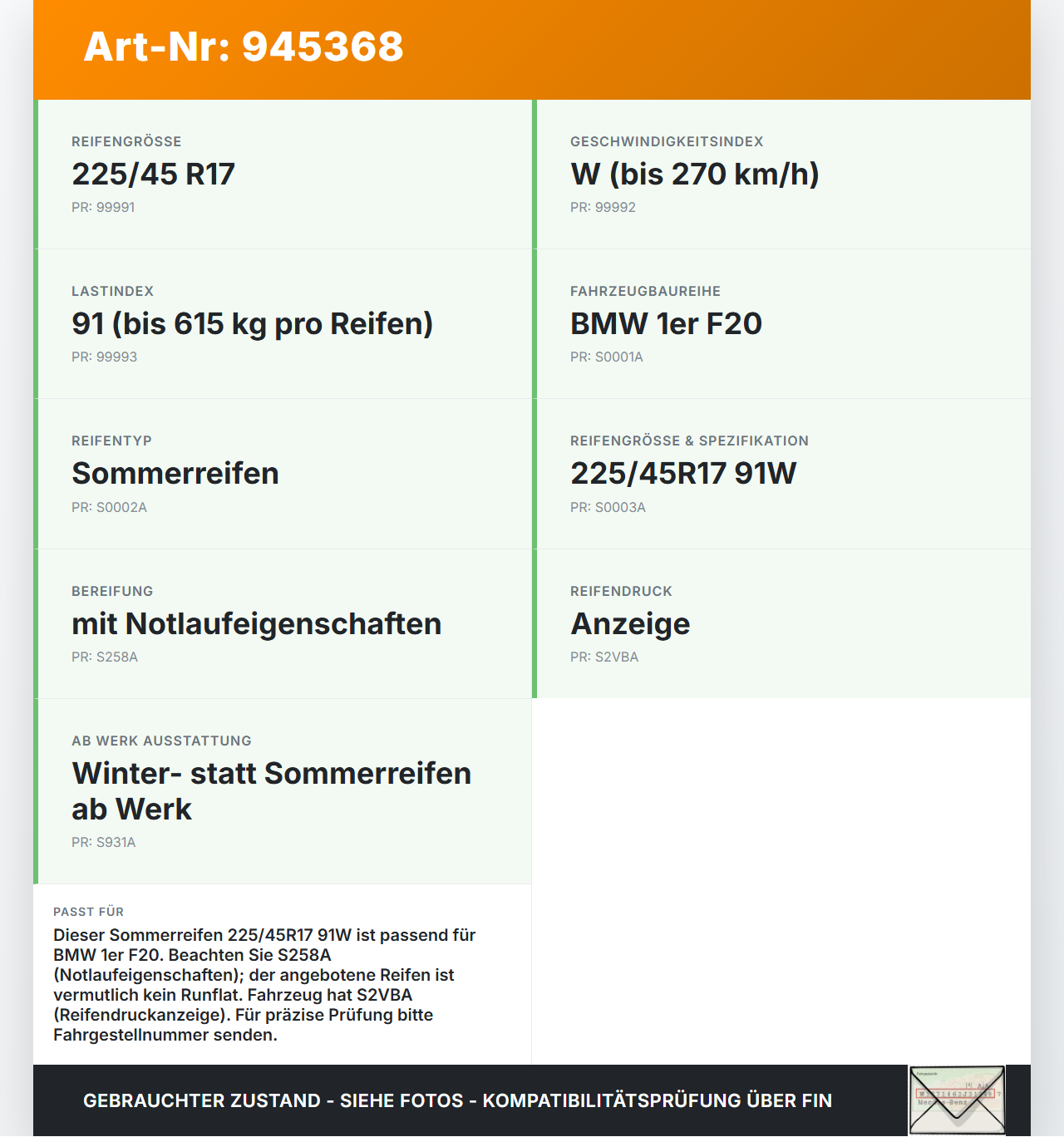 BMW 1er 114i F20 11-15 1x Reifen Sommerreifen Bridgestone 225/45R17 91W 6.6mm BMW 1er 114i F20 11-15 23.09.2014... Vorschau 3