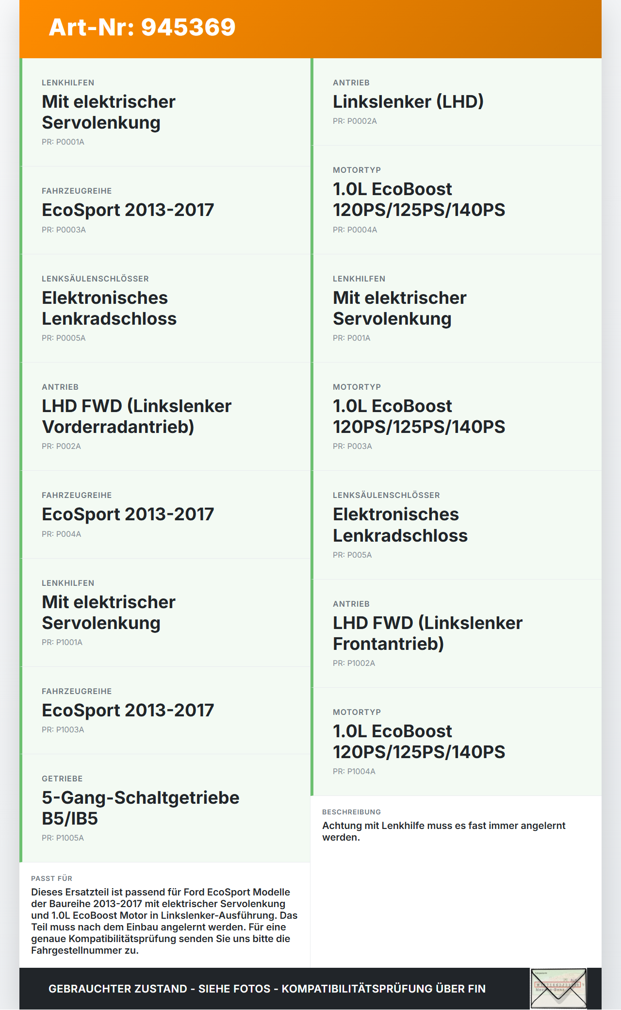 Ford EcoSport 12-22 Lenkhilfe elektr. Ford EcoSport 12-22 19.11.2015 CN15-3D071-CL gebraucht Vorschau 3