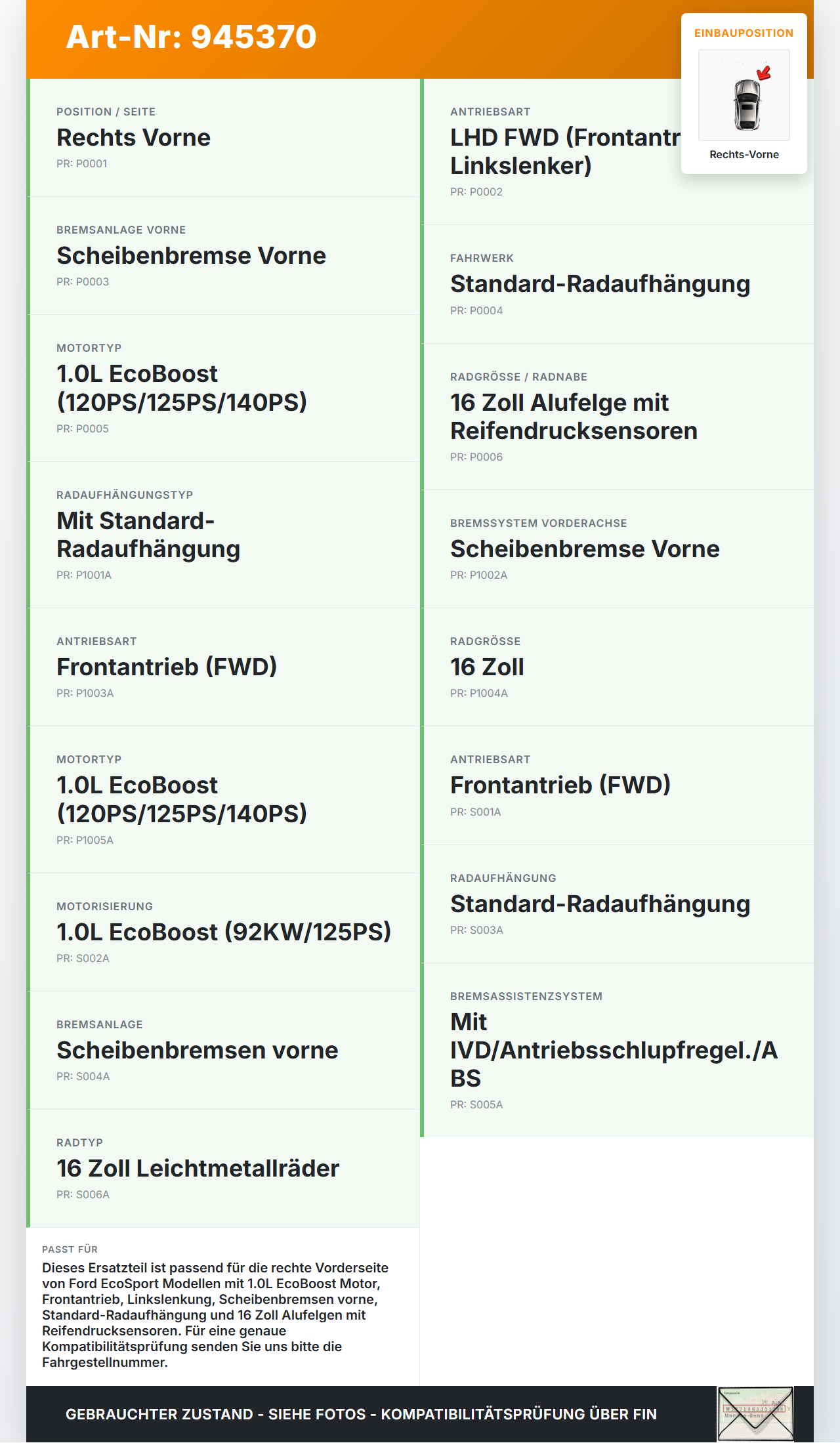 Ford EcoSport 12-22 1,0 92KW Achsschenkel Radnabe Rechts Vorne Ford EcoSport 12-22 19.11.2015 CN15-3K170-A2D gebraucht Vorschau 3