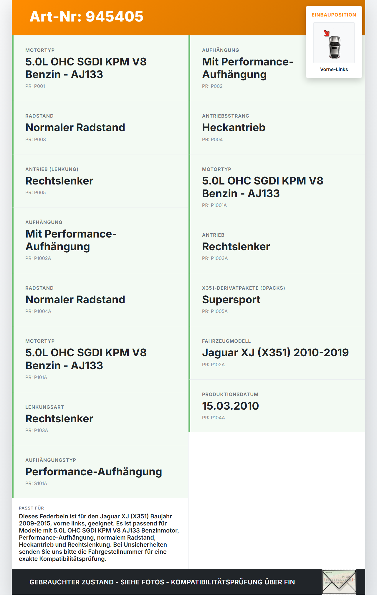 Jaguar XJ X351 09-15 Lim Federbein Stossdämpfer Vorne Links Jaguar XJ X351 09-15 26.08.2009 C2D16483 gebraucht Vorschau 3