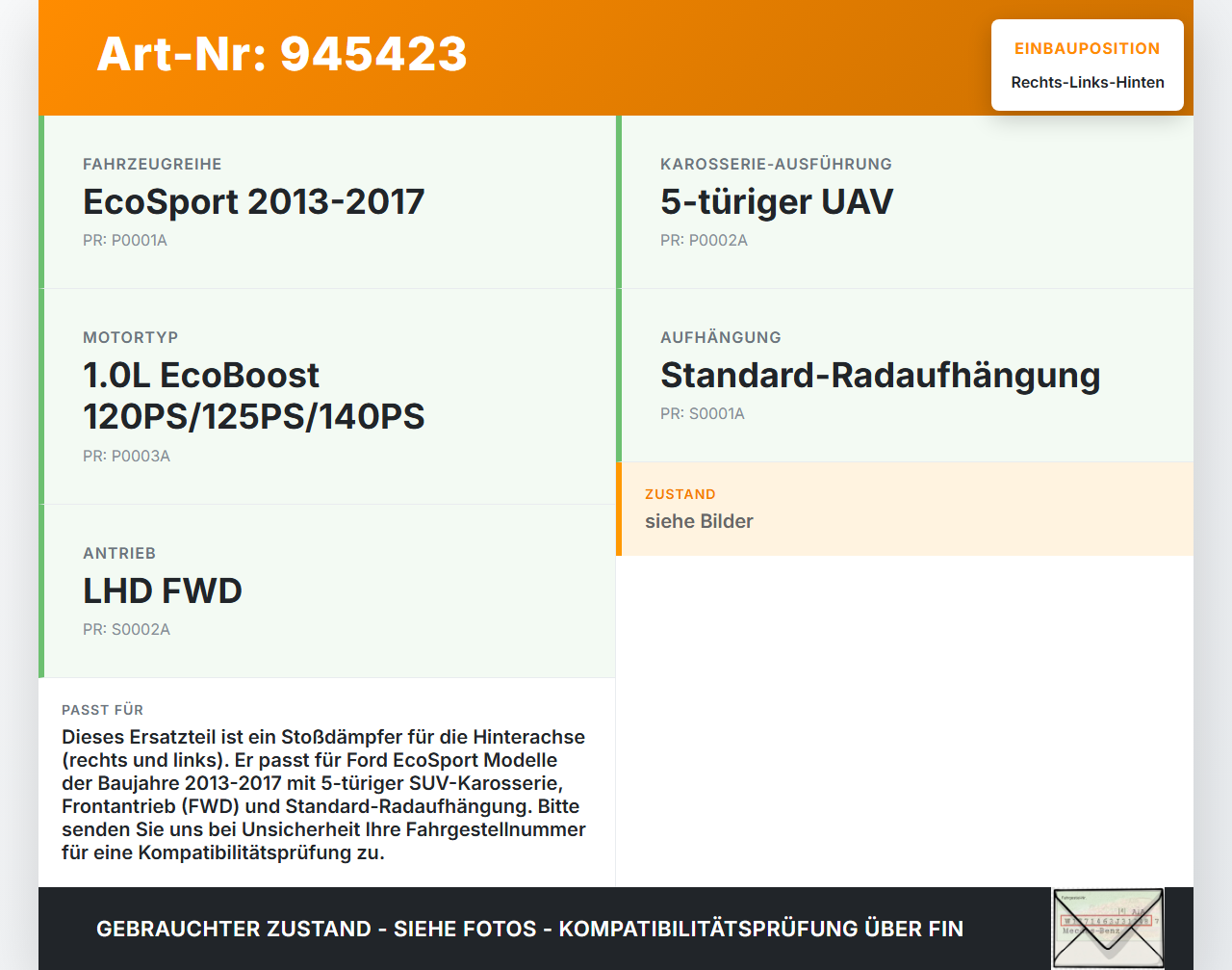 Ford EcoSport 12-22 Stossdämpfer Rechts und Links Hinten Ford EcoSport 12-22 19.11.2015 FN1C-18480-AL gebraucht Vorschau 3