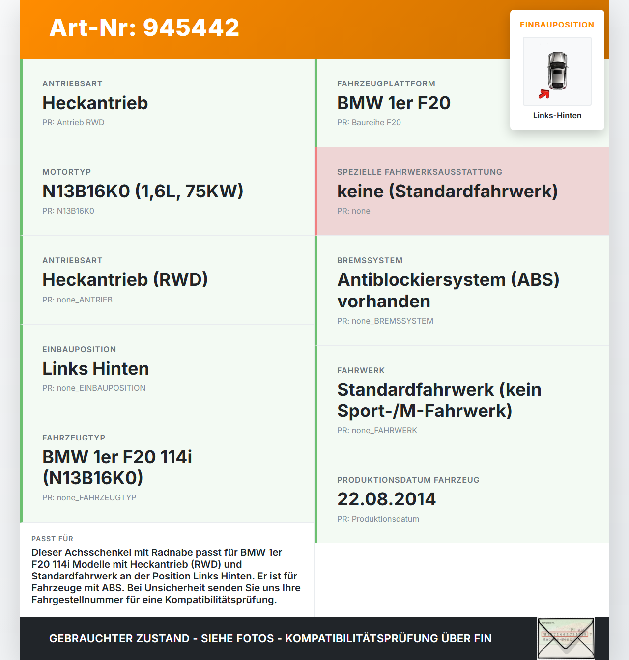 BMW 1er 114i F20 11-15 5T 1,6 75KW Achsschenkel Radnabe mit ABS Links Hinten BMW 1er 114i F20 11-15 23.09.2014... Vorschau 3