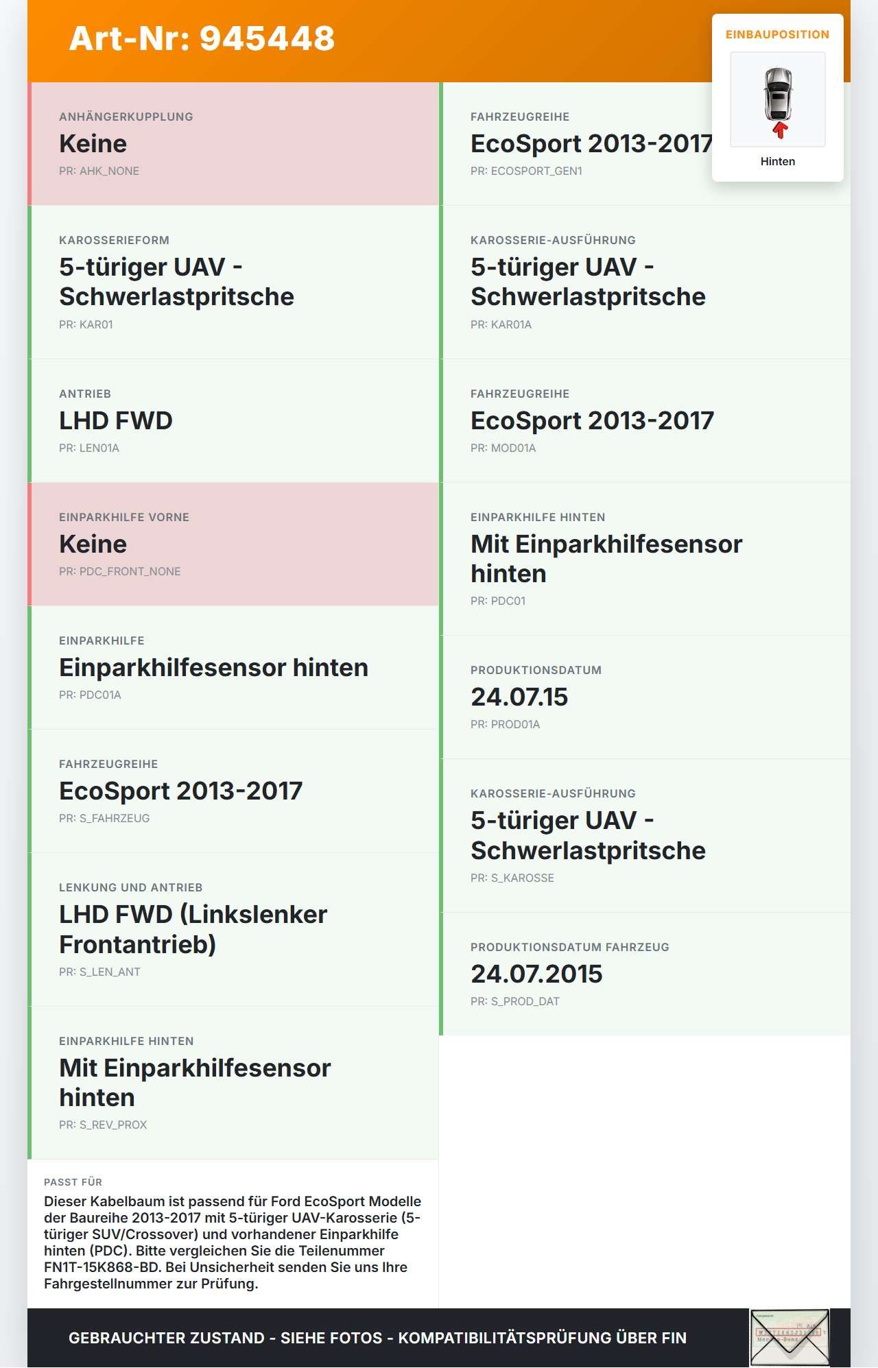 Ford EcoSport 12-22 Kabelbaum für PDC Hinten Ford EcoSport 12-22 19.11.2015 FN1T-15K868-BD gebraucht Vorschau 3