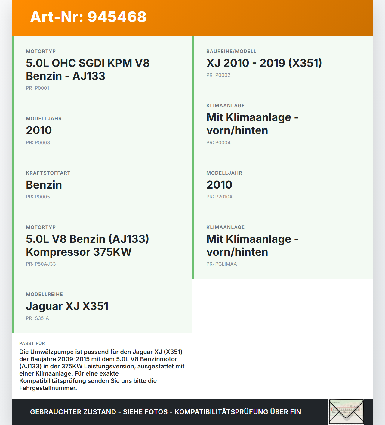 Jaguar XJ X351 09-15 V8 5,0 375KW Umwelzpumpe Heizung Pumpe Jaguar XJ X351 09-15 26.08.2009 gebraucht Vorschau 3