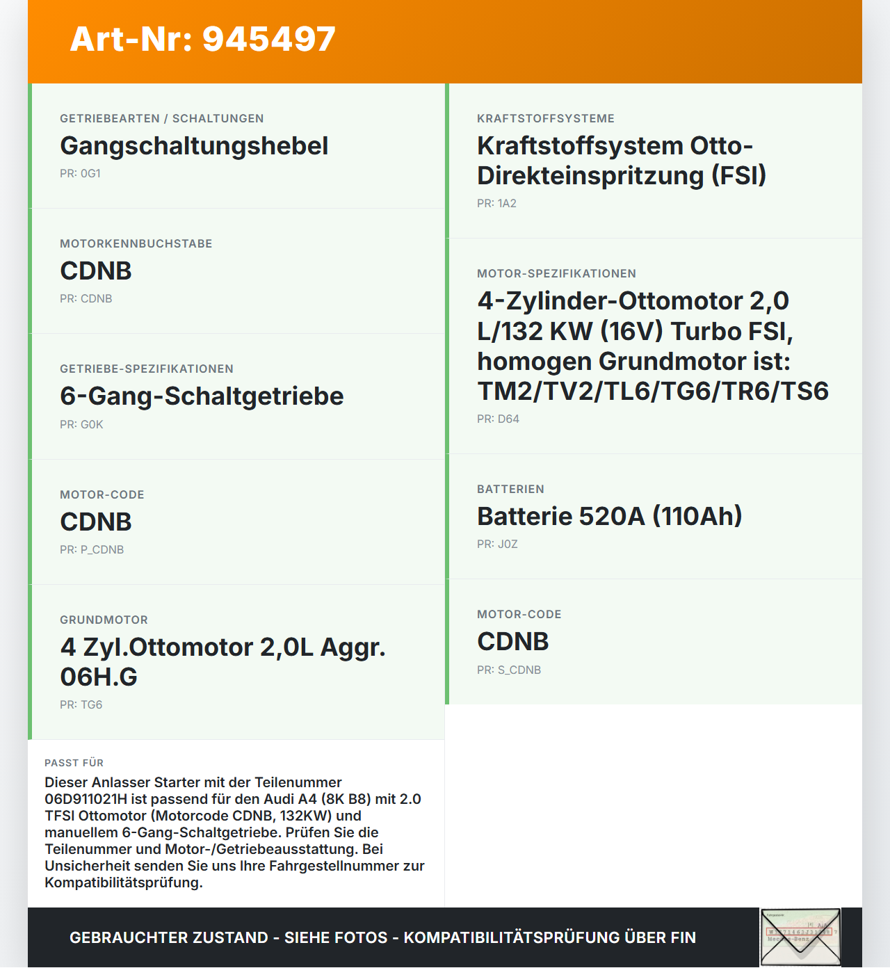 Audi A4 8K B8 07-11 TFSI 2,0 132KW Anlasser Starter Audi A4 8K B8 07-11 29.10.2009 06D911021H gebraucht Vorschau 3