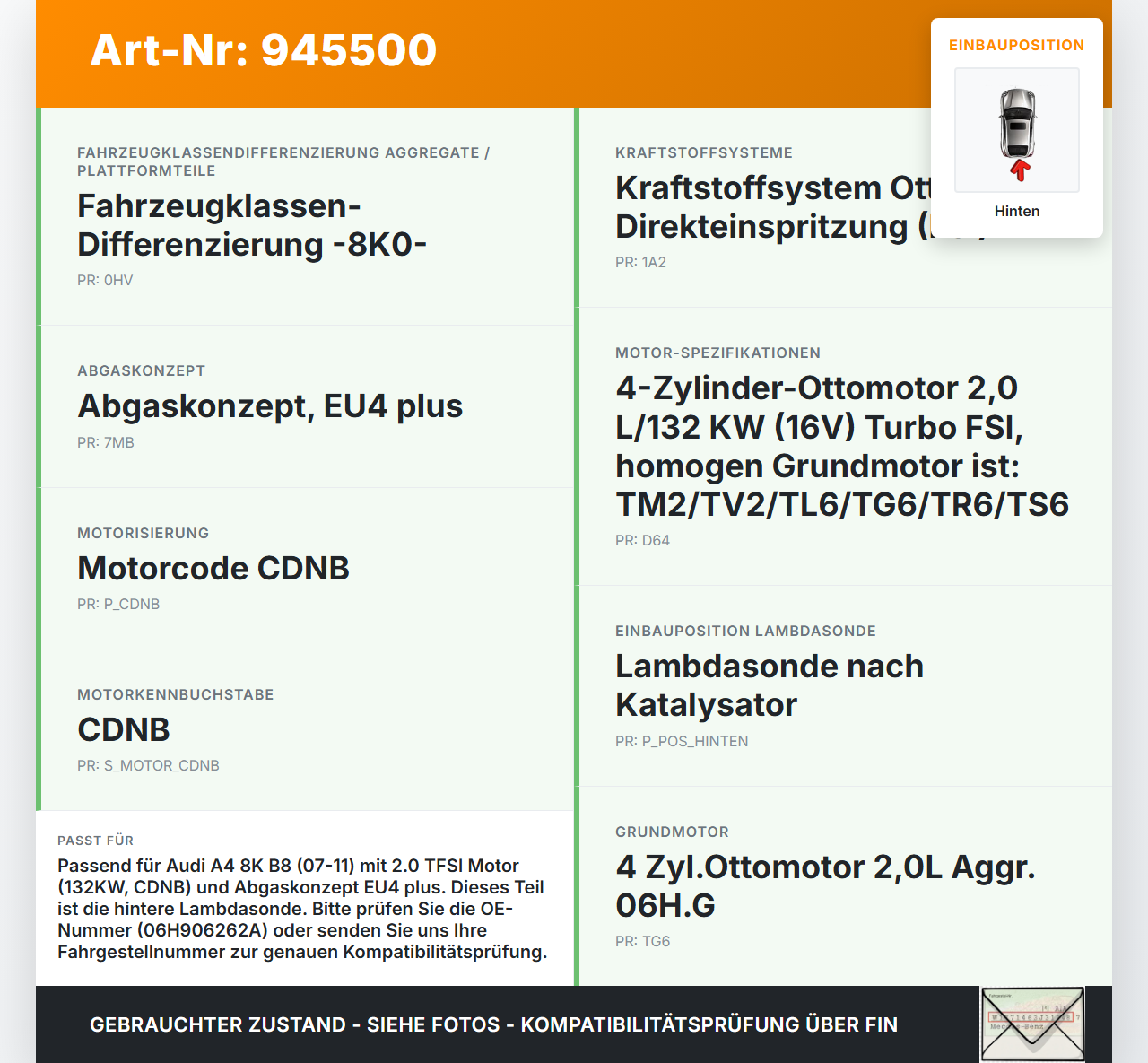 Audi A4 8K B8 07-11 TFSI 2,0 132KW Lambdasonde Hinten Audi A4 8K B8 07-11 29.10.2009 1K0998262T 06H906262A... Vorschau 3