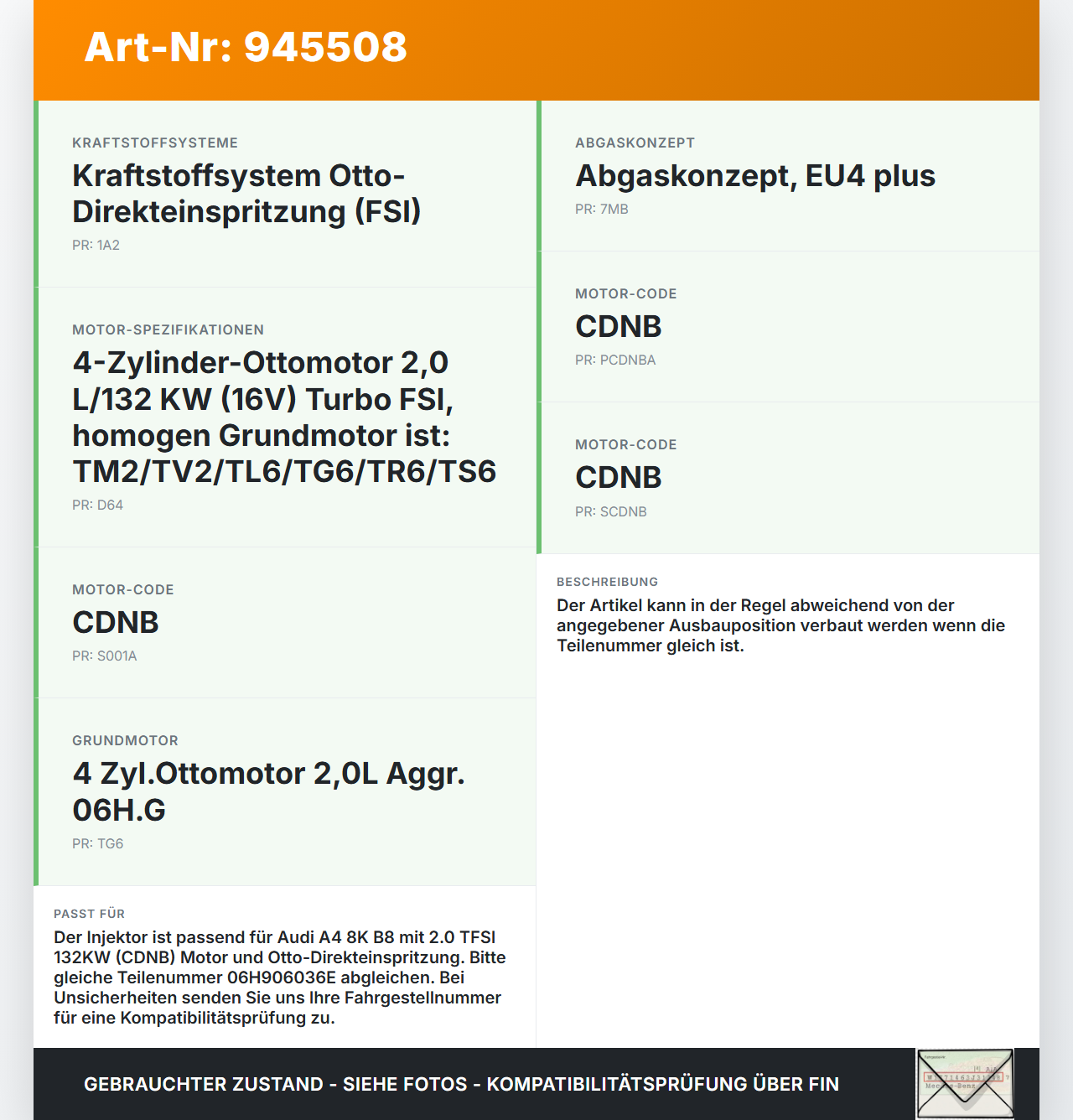 Audi A4 8K B8 07-11 TFSI 2,0 132KW Injektor Einspritzdüse Zyl.4 Audi A4 8K B8 07-11 29.10.2009 06H906036P... Vorschau 3