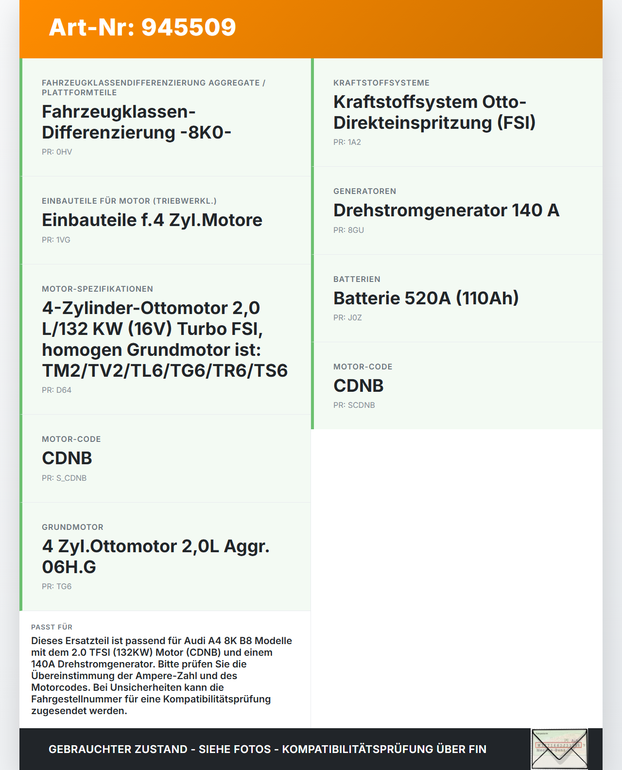 Audi A4 8K B8 07-11 TFSI 2,0 132KW Lichtmaschine Generator 140A 14V Audi A4 8K B8 07-11 29.10.2009 06H903016L gebraucht Vorschau 3