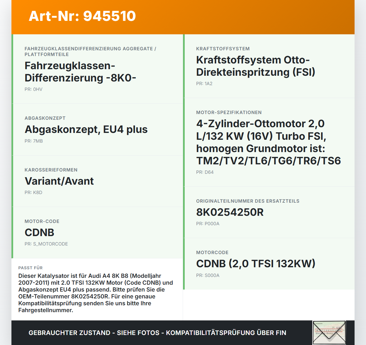 Audi A4 8K B8 07-11 TFSI 2,0 132KW Katalysator Kat Audi A4 8K B8 07-11 29.10.2009 8K0254253FX 8K0254250R gebraucht Vorschau 3