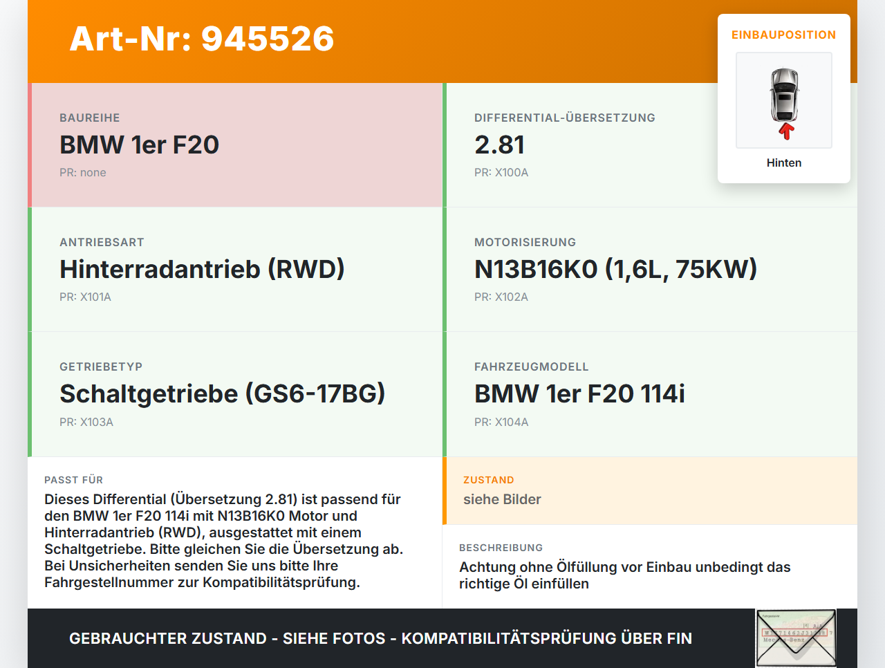 BMW 1er 114i F20 11-15 1,6 75KW Differential Hinterachsgetriebe Hinten 2.81 BMW 1er 114i F20 11-15 23.09.2014... Vorschau 3