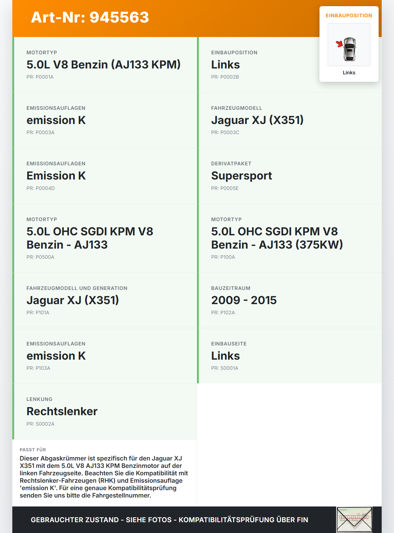 Jaguar XJ X351 09-15 V8 5,0 375KW AJ133 KPM Abgaskrümmer Links Jaguar XJ X351 09-15 26.08.2009 AJ812275... Vorschau 3