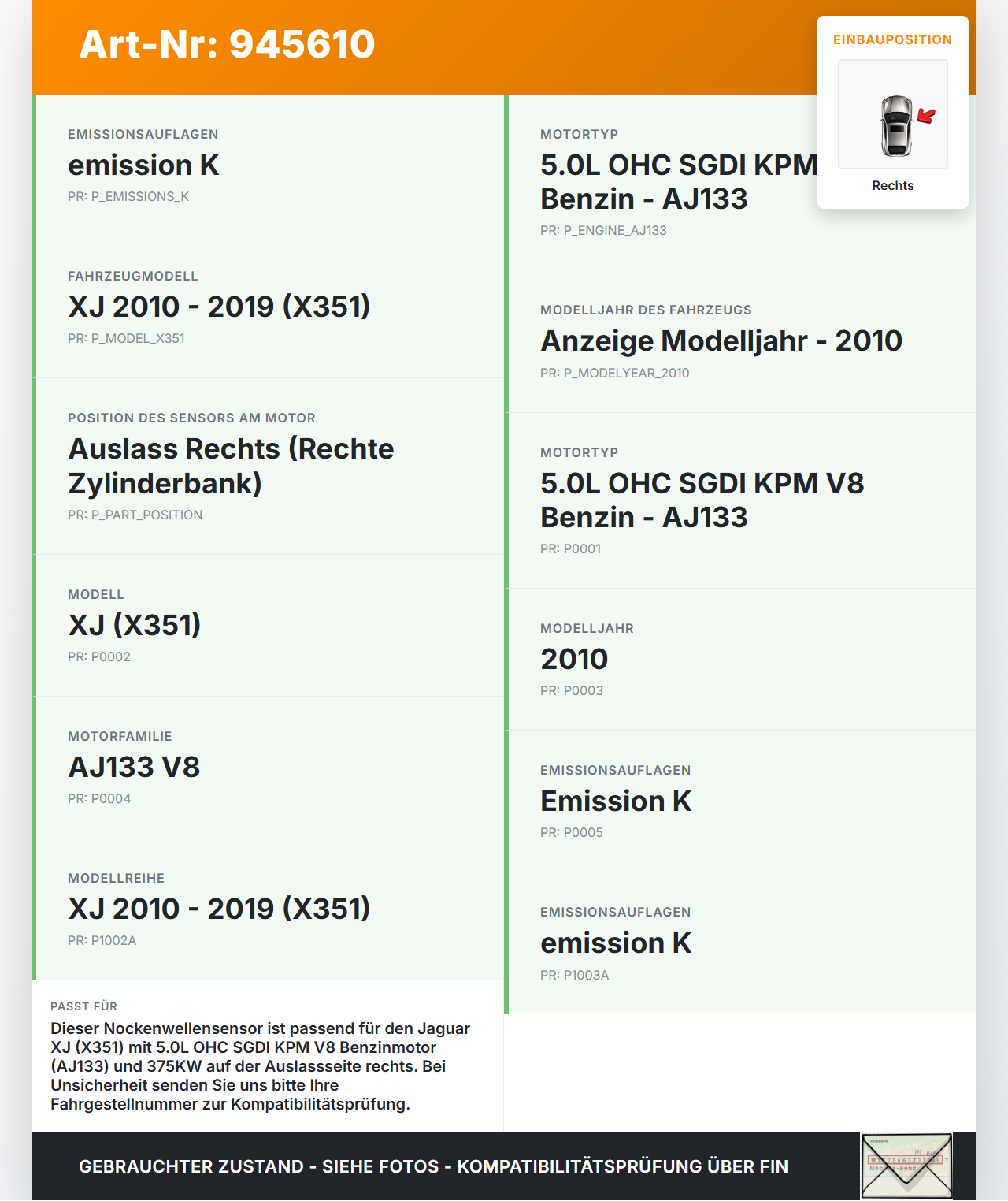 Jaguar XJ X351 09-15 V8 5,0 375KW AJ133 KPM Nockenwellensensor Impulsgeber Sensor Auslass Rechts Jaguar XJ X351... Vorschau 3
