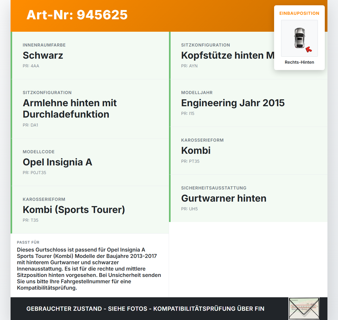 Opel Insignia A 13-17 Kombi Gurtschloss Rechts und Mitte Hinten Opel Insignia A 13-17 12.02.2015 13329202 gebraucht Vorschau 3