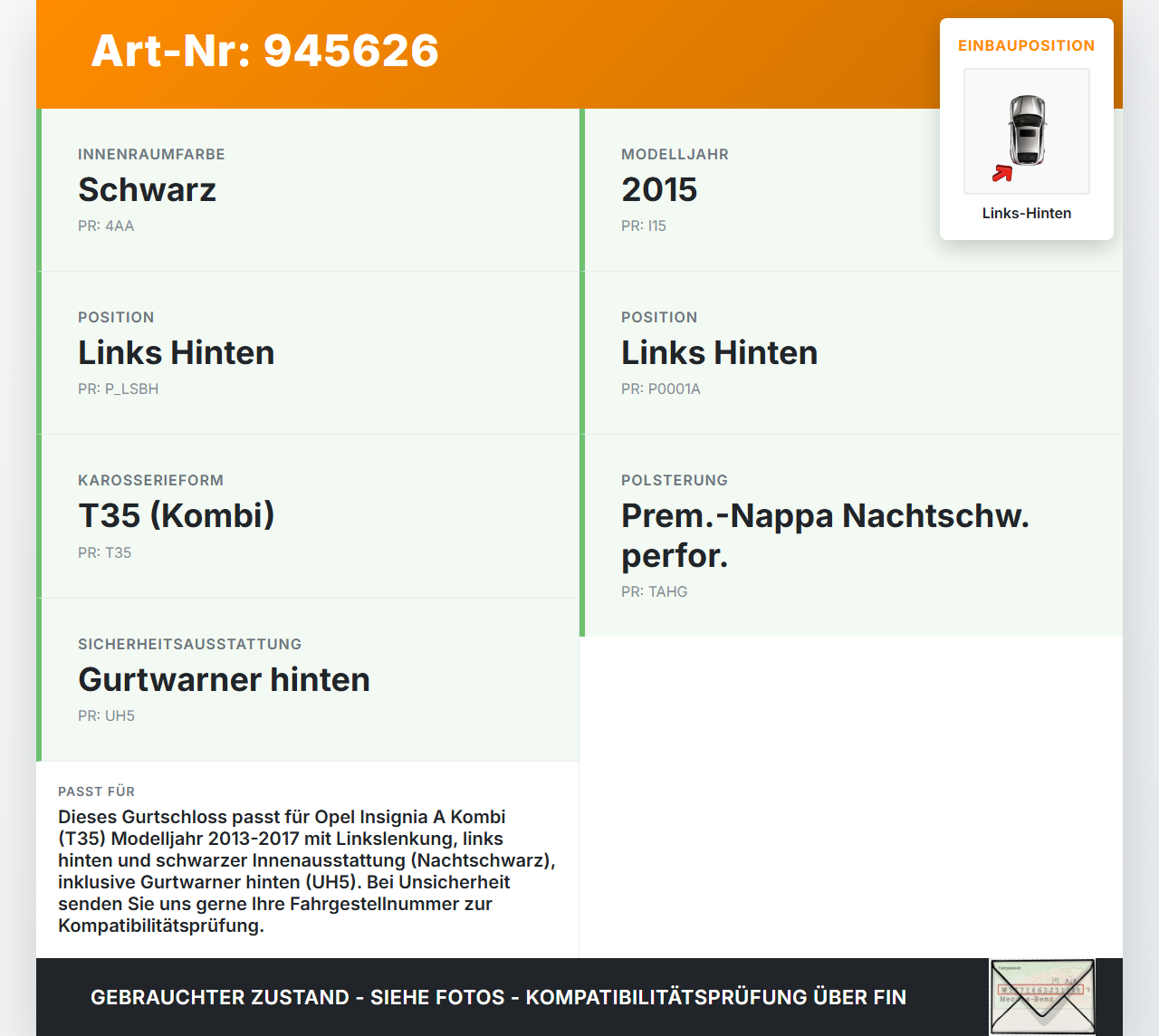 Opel Insignia A 13-17 Kombi Gurtschloss Links Hinten Opel Insignia A 13-17 12.02.2015 13298397 gebraucht Vorschau 3