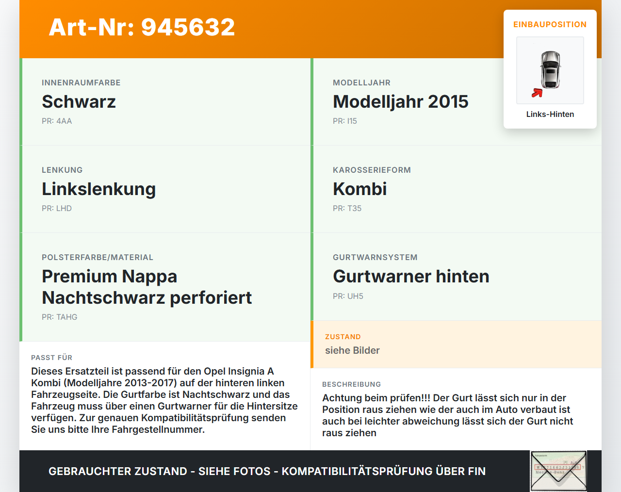 Opel Insignia A 13-17 Kombi Gurt Sicherheitsgurt Links Hinten Opel Insignia A 13-17 12.02.2015 13288436 gebraucht Vorschau 3