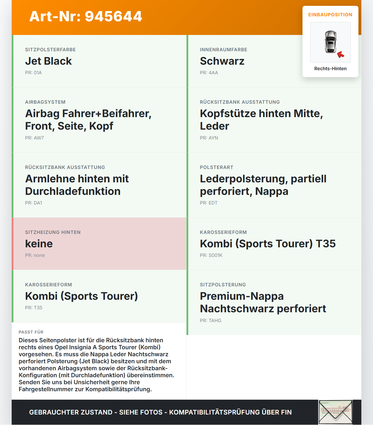 Opel Insignia A 13-17 Kombi SRS Seitenpolster Sitz Rechts für Rücksitzbank Hinten Opel Insignia A 13-17 12.02.2015... Vorschau 3