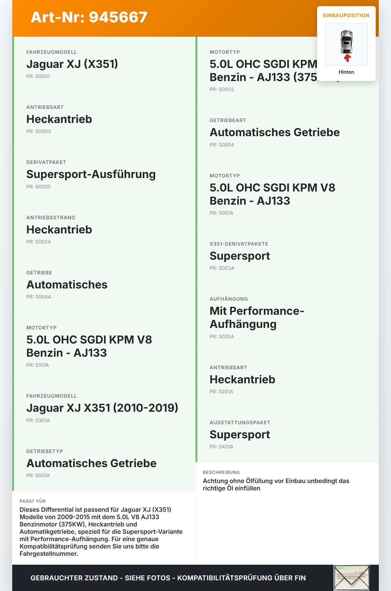 Jaguar XJ X351 09-15 V8 5,0 375KW Differential Hinterachsgetriebe Hinten Jaguar XJ X351 09-15 26.08.2009 C2D6526... Vorschau 3