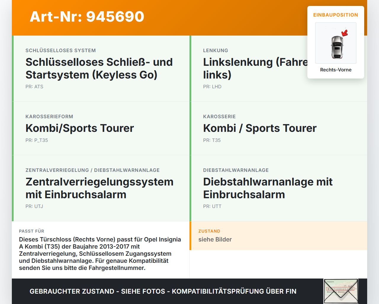 Opel Insignia A 13-17 Kombi Türschloss m. ZV Stellmotor Rechts Vorne Opel Insignia A 13-17 12.02.2015 13579545 gebraucht Vorschau 3