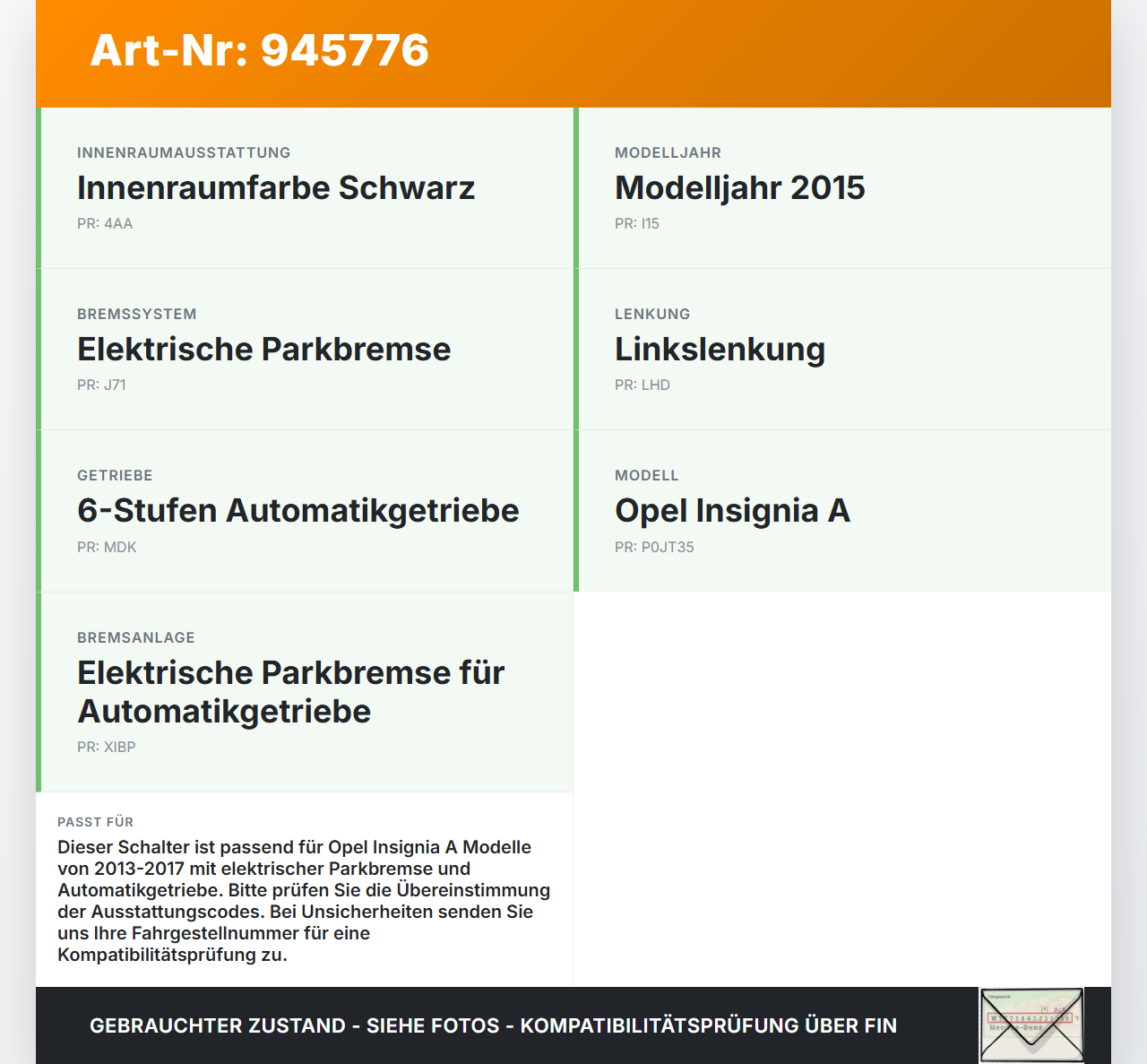 Opel Insignia A 13-17 Parkbremse Handbremse Schalter Feststellbremse Opel Insignia A 13-17 12.02.2015 33740790 gebraucht Vorschau 3