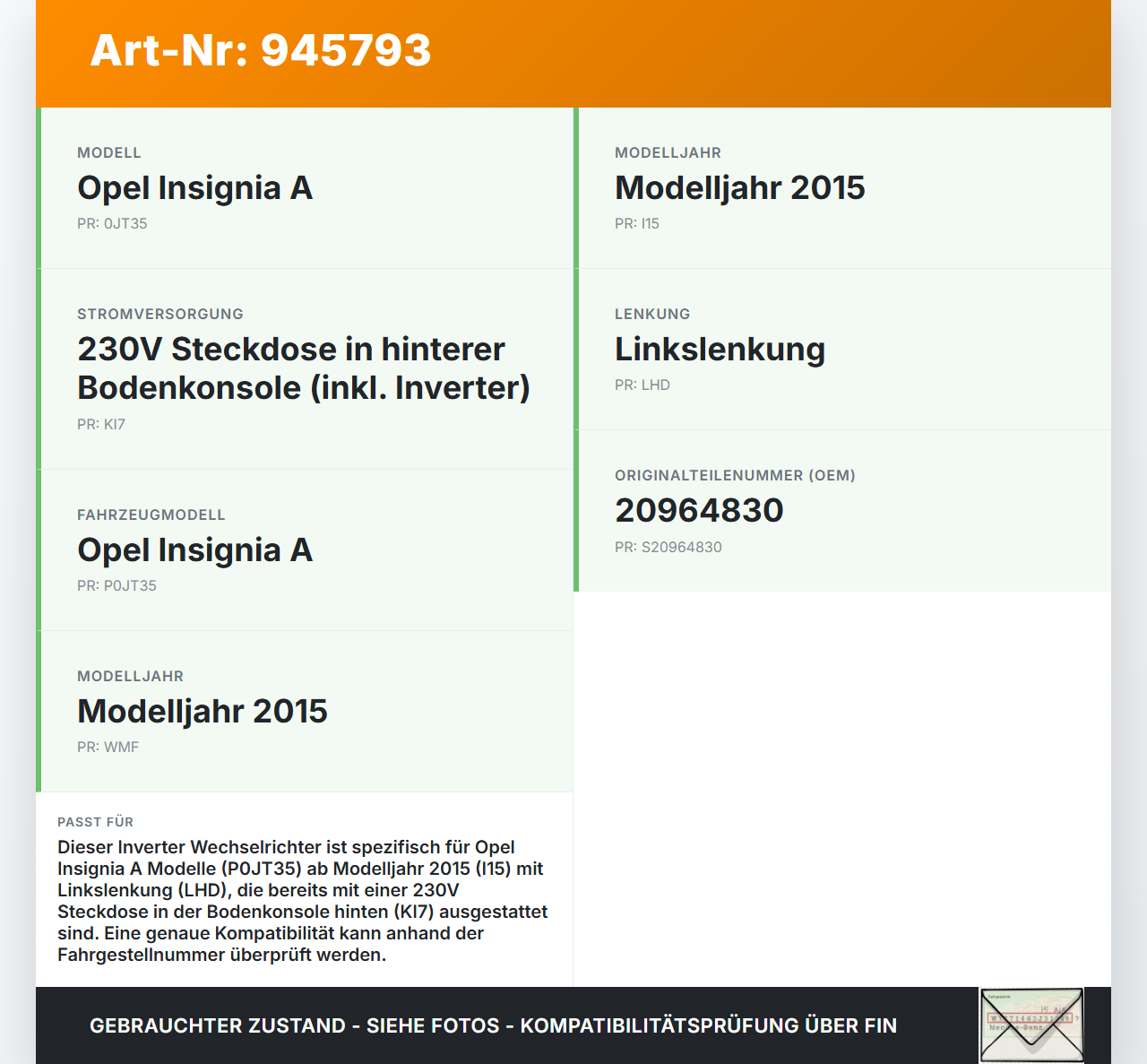 Opel Insignia A 13-17 Inverter Wechselrichter 150W 230V Opel Insignia A 13-17 12.02.2015 20964830 gebraucht Vorschau 3