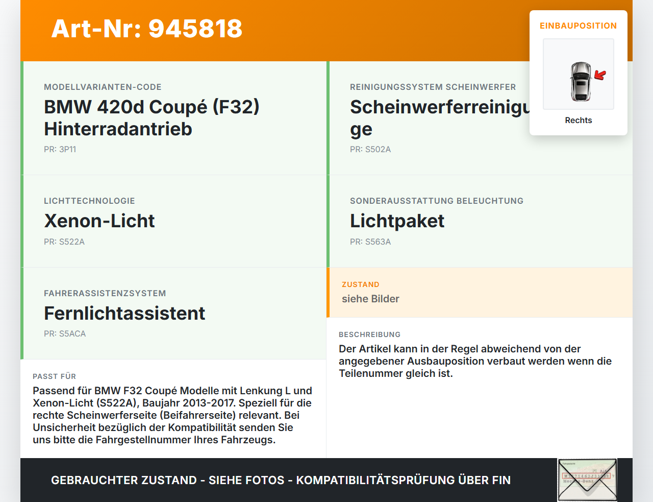 BMW F32 420d 13-17 Stellmotor für Scheinwerfer LWR Rechts BMW F32 420d 13-17 29.04.2014 gebraucht Vorschau 3