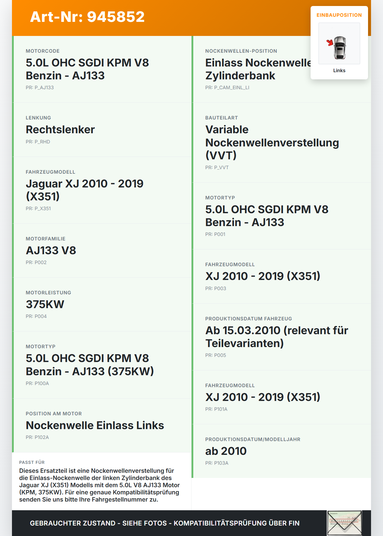 Jaguar XJ X351 09-15 V8 5,0 375KW AJ133 KPM Nockenwellenverstellung Verstellung für Nockenwelle Einlass Links... Vorschau 3