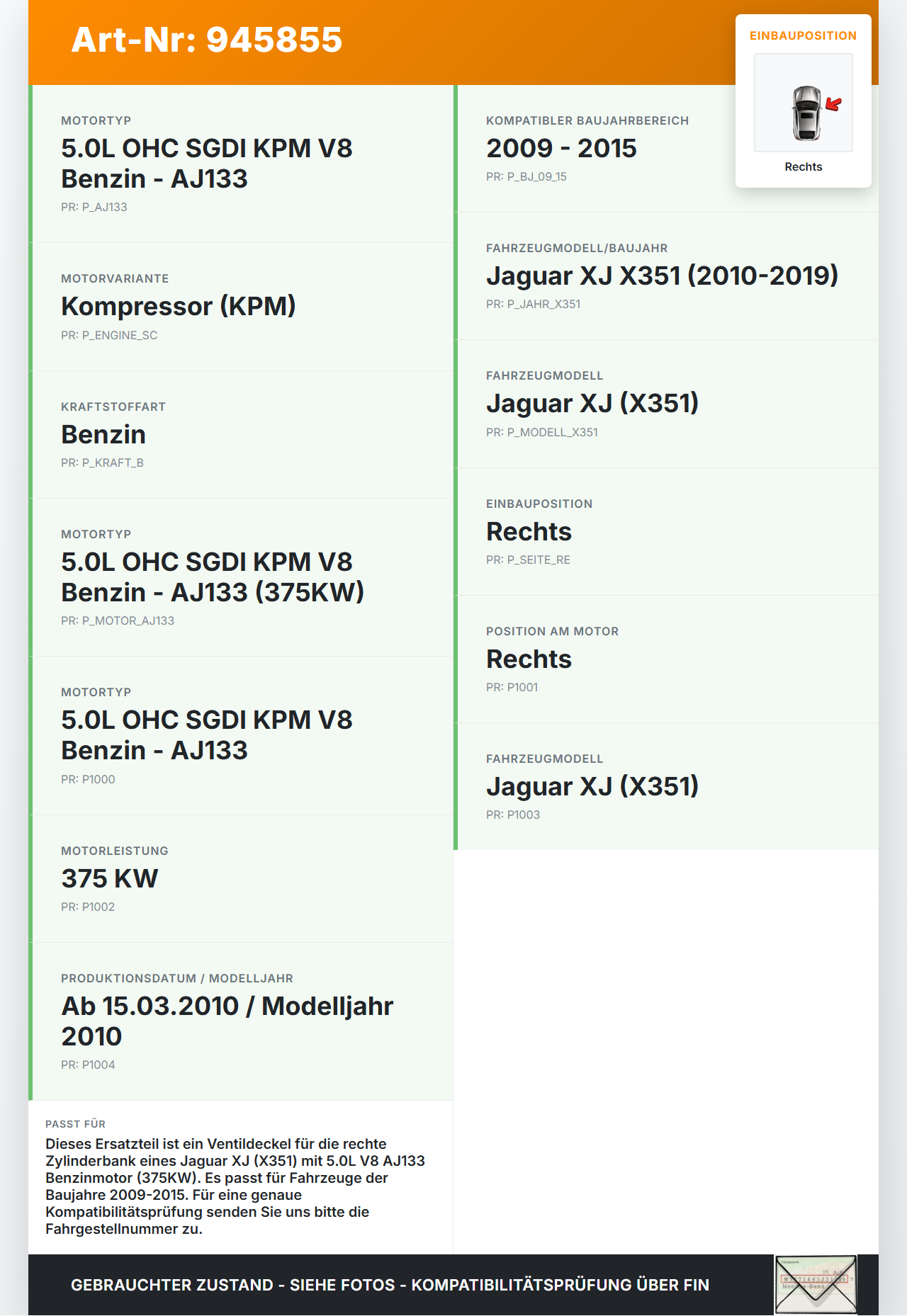 Jaguar XJ X351 09-15 V8 5,0 375KW AJ133 KPM Ventildeckel Zylinderkopfhaube Rechts Jaguar XJ X351 09-15 26.08.2009... Vorschau 3