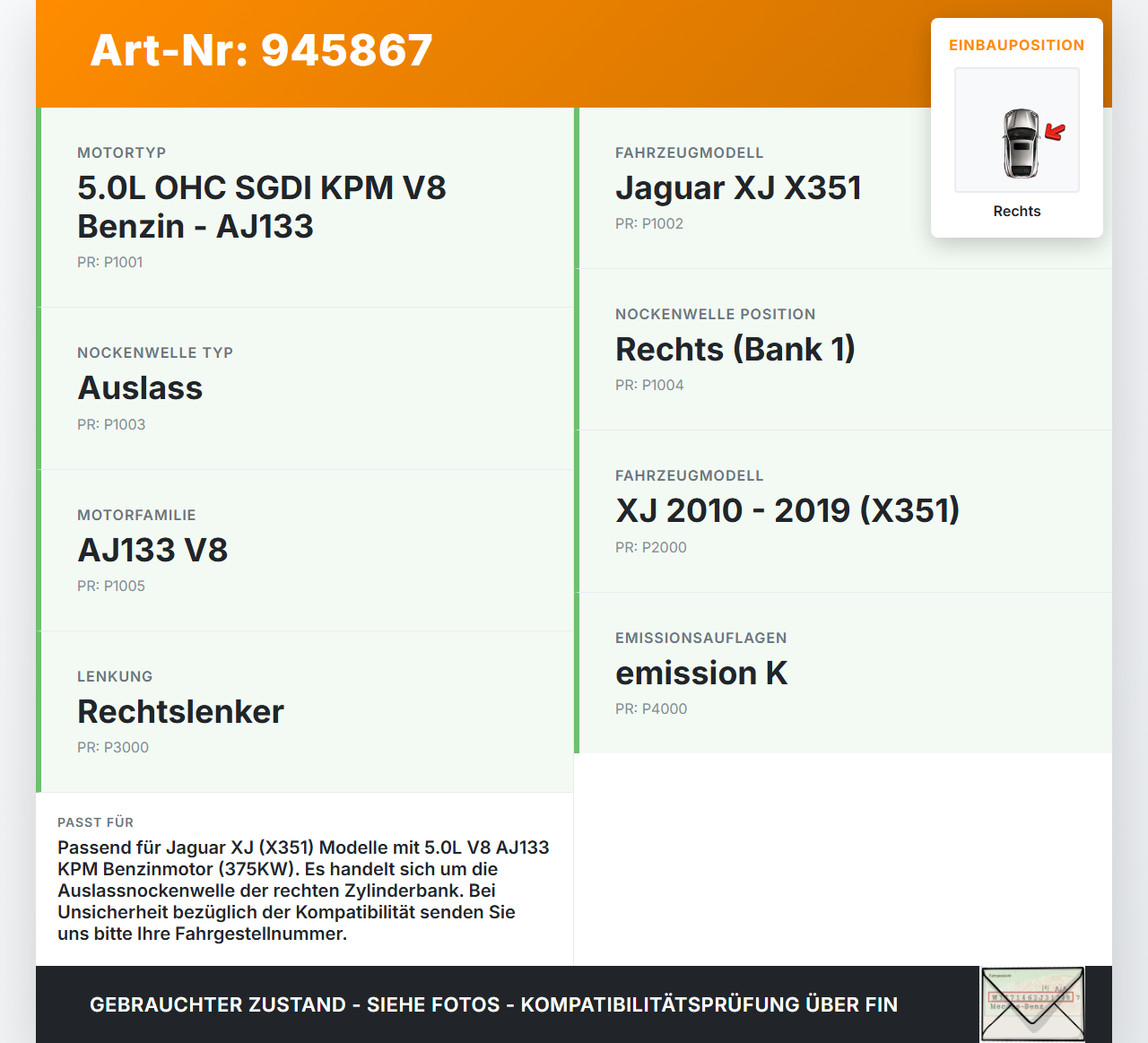 Jaguar XJ X351 09-15 V8 5,0 375KW AJ133 KPM Nockenwelle Auslass Rechts Jaguar XJ X351 09-15 26.08.2009... Vorschau 3