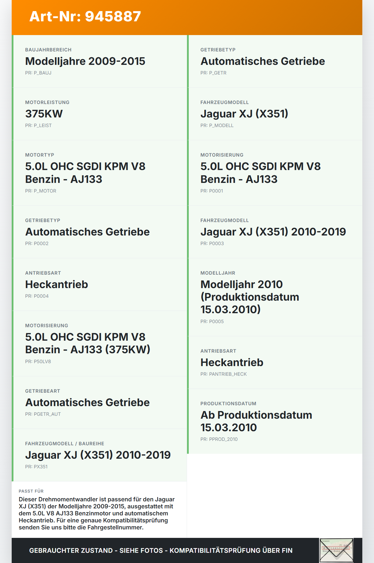 Jaguar XJ X351 09-15 V8 5,0 375KW Autom Wandler Drehmomentwandler für Getriebe Jaguar XJ X351 09-15 26.08.2009... Vorschau 3