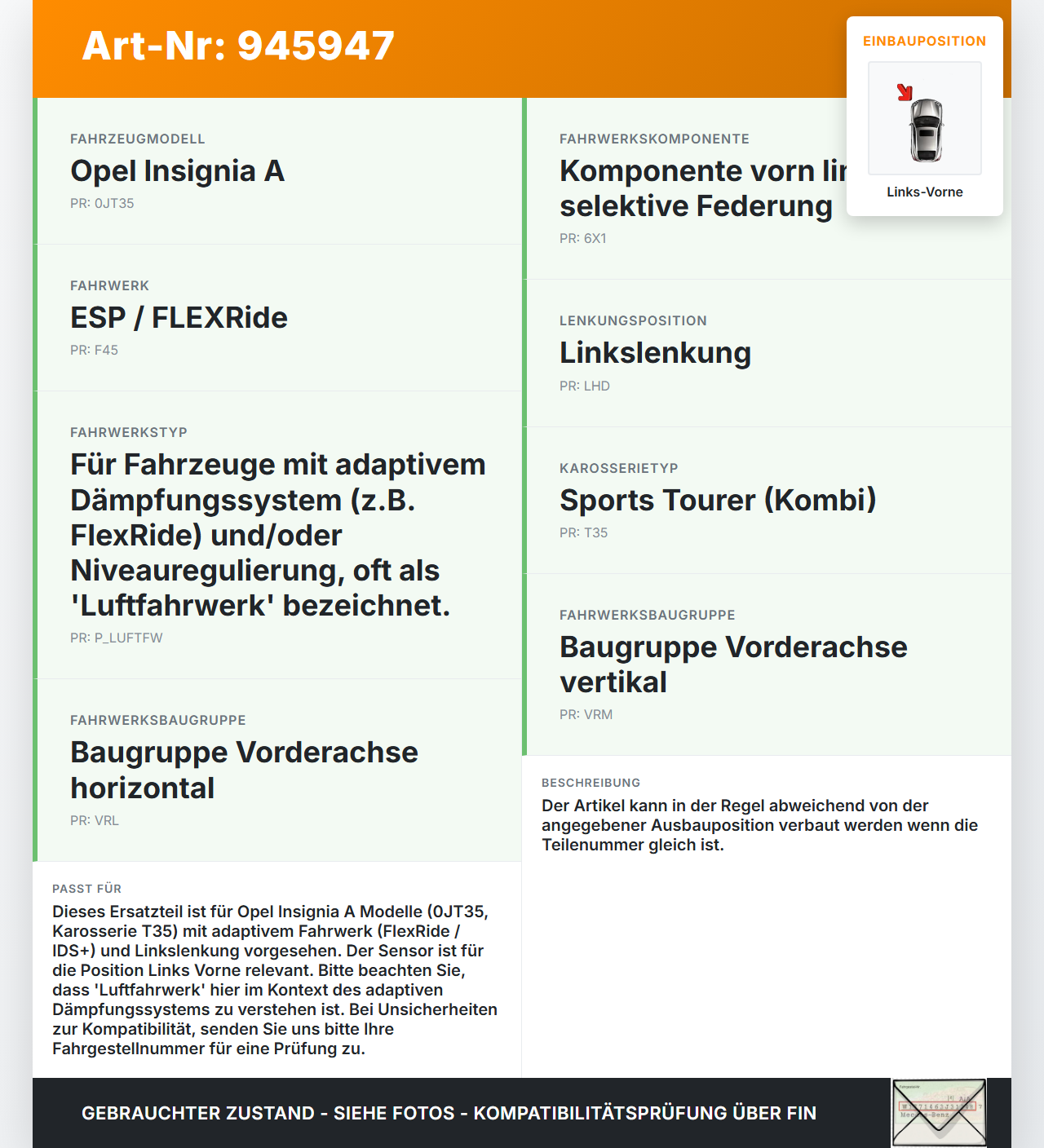 Opel Insignia A 13-17 Sensor IDS+ Luftfahrwerk Links Vorne Opel Insignia A 13-17 12.02.2015 12841591 002455000046... Vorschau 3