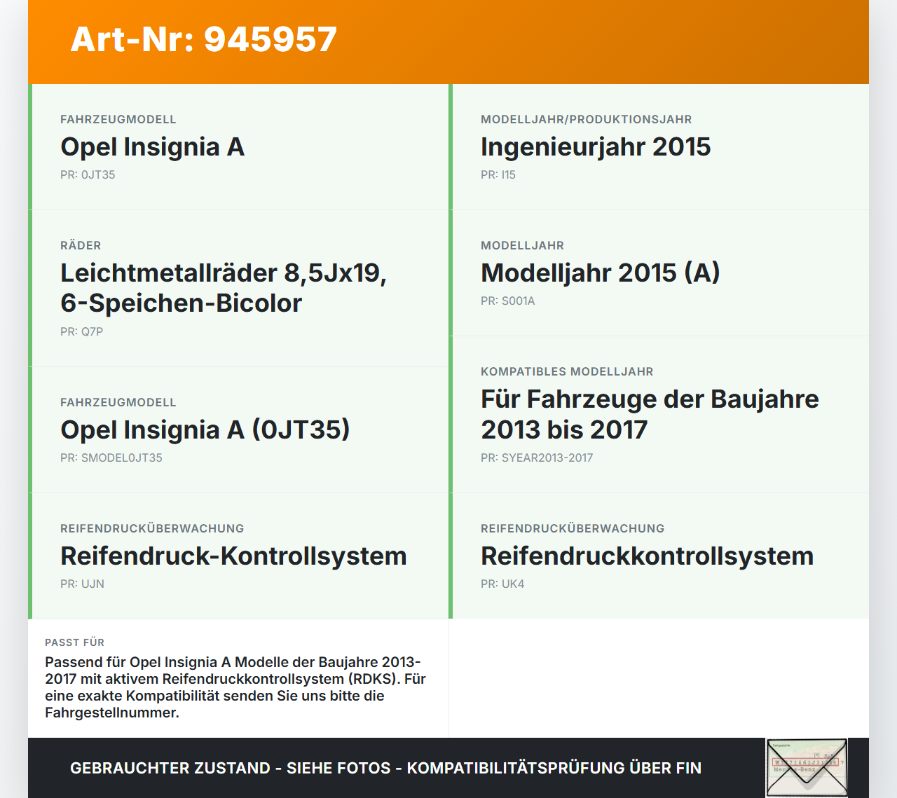 Opel Insignia A 13-17 Reifendruck Sensor Radsensor Reifendrucksensor Set Satz Opel Insignia A 13-17 12.02.2015 gebraucht Vorschau 3