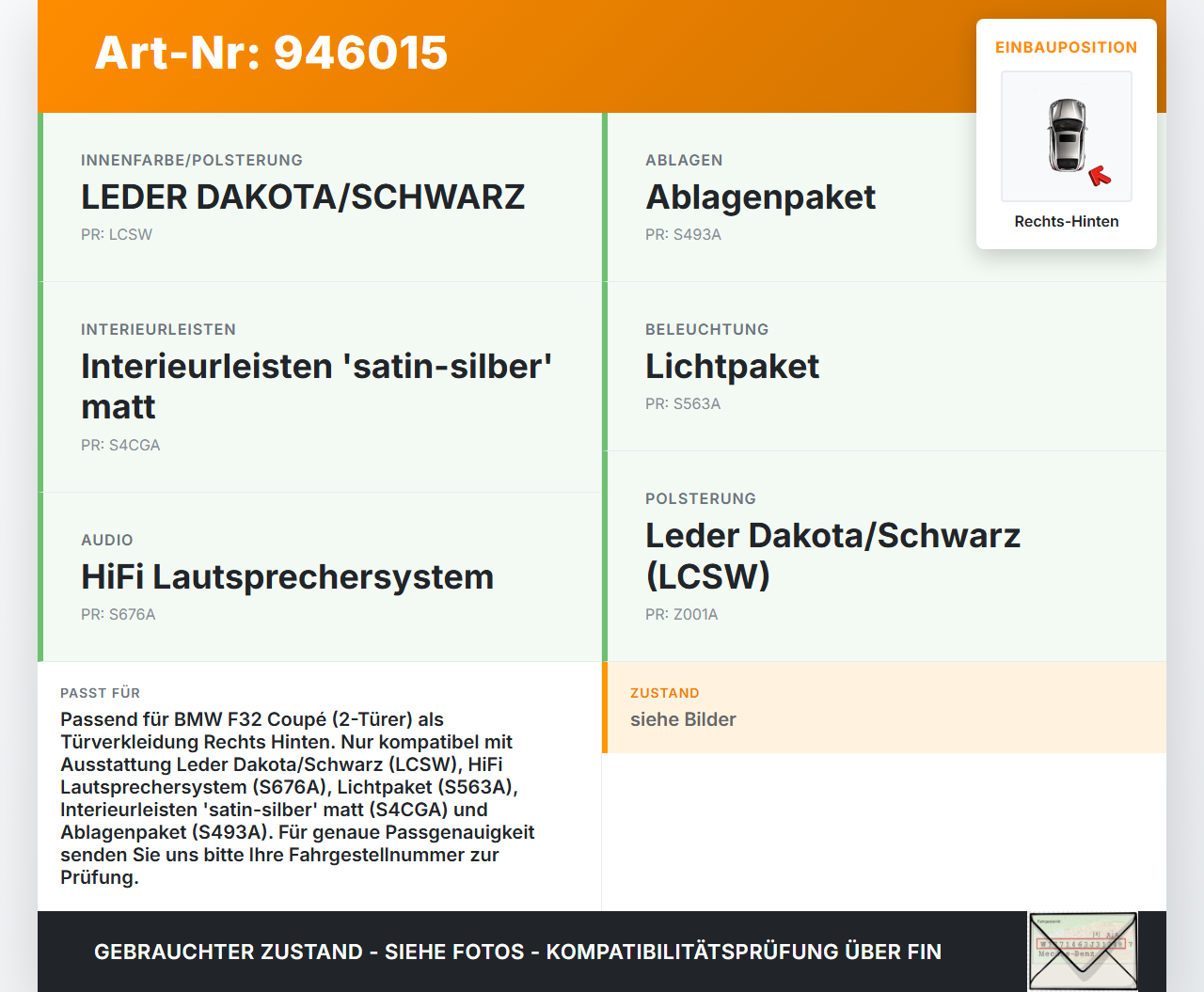 BMW F32 420d 13-17 Coupe Türverkleidung Türpappe Rechts Hinten BMW F32 420d 13-17 29.04.2014 17662361 5143-7389665... Vorschau 3