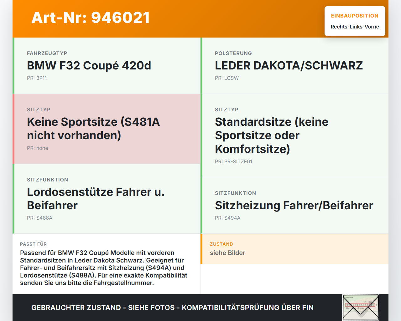 BMW F32 420d 13-17 Kopfstütze für Fahrer Sitz Rechts oder Links Vorne Leder Dakota Schwarz BMW F32 420d 13-17... Vorschau 3