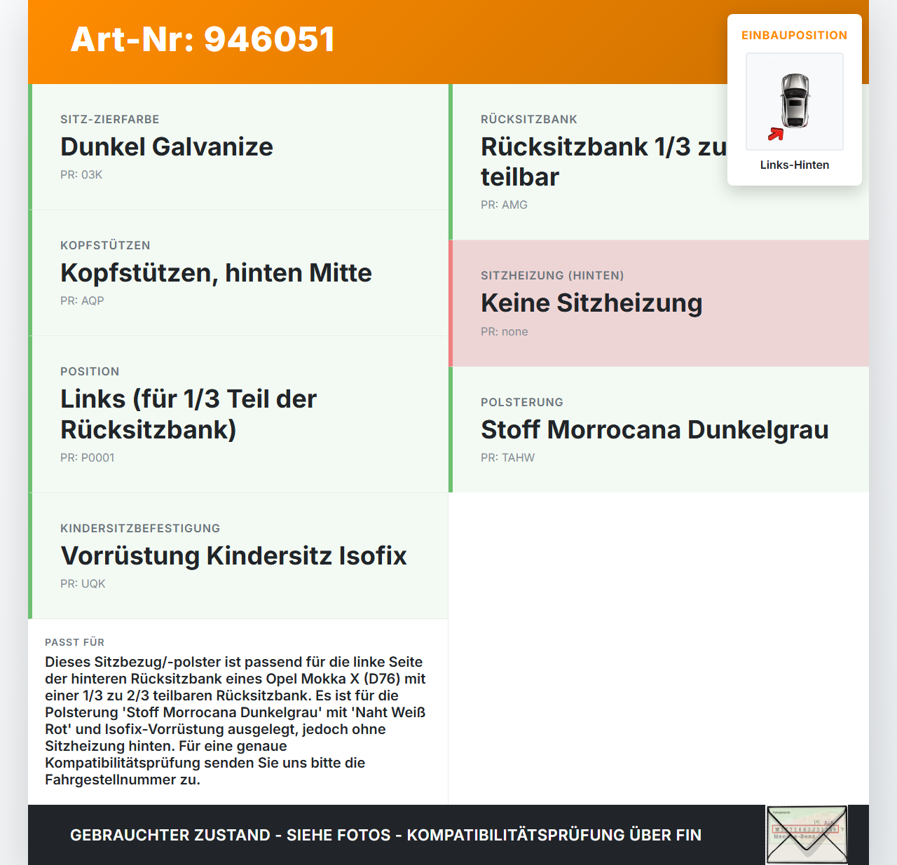 Opel Mokka X 12-19 Sitzbezug Sitzpolster Links für Rücksitzbank Hinten Naht Weiß Rot Opel Mokka X 12-19 01.03.2013... Vorschau 3